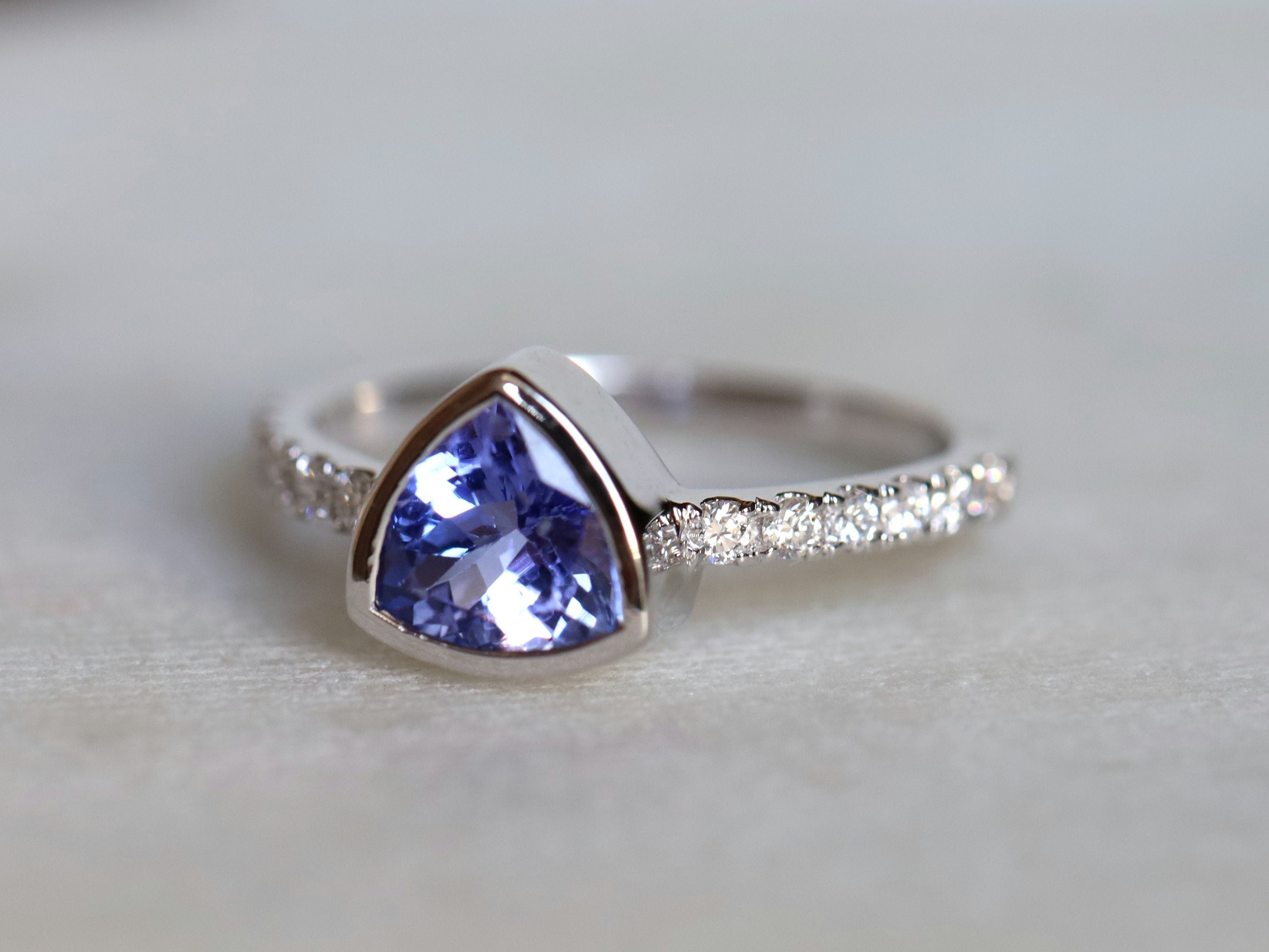 Trillion Cut Tanzanite Engagement Ring Set | Chevron Nesting Band | Anniversary Ring -