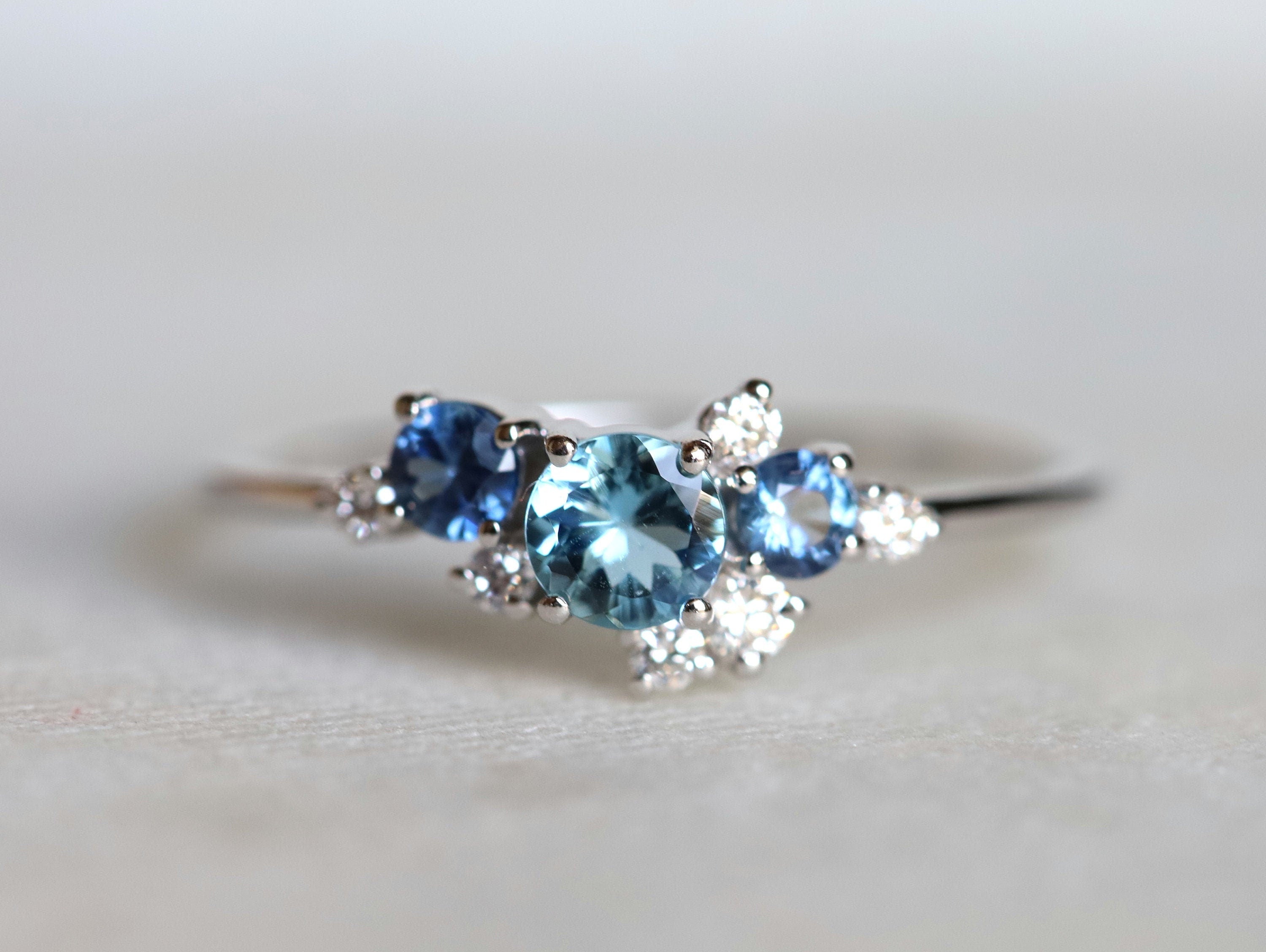 Aquamarine Engagement Ring | Sapphire Cluster Ring | Aquamarine & Diamond Cluster Ring -