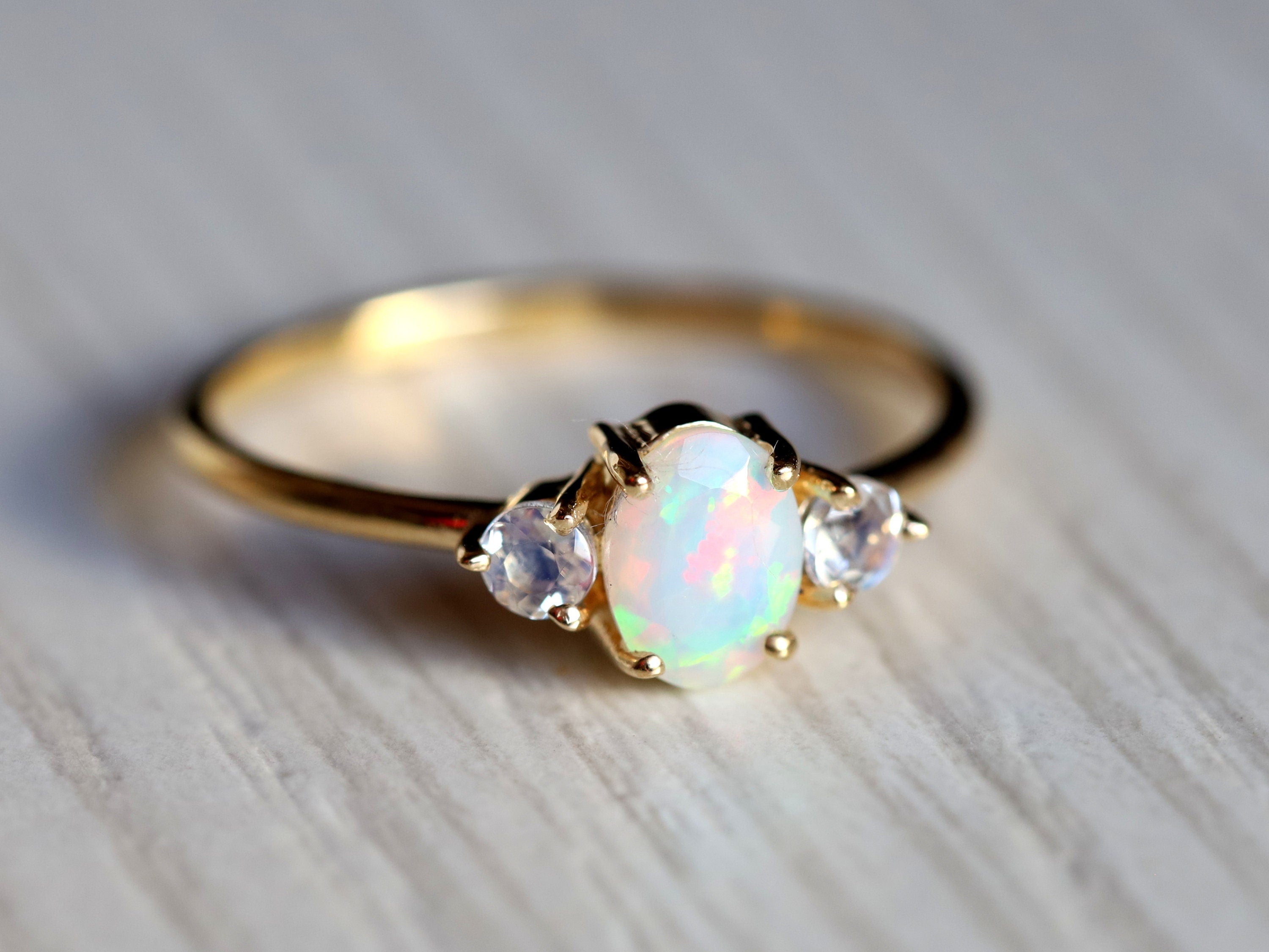 Opal Engagement Ring | Fire Opal & Moonstone Rose Gold Ring | Oval Cut Bridal Ring -