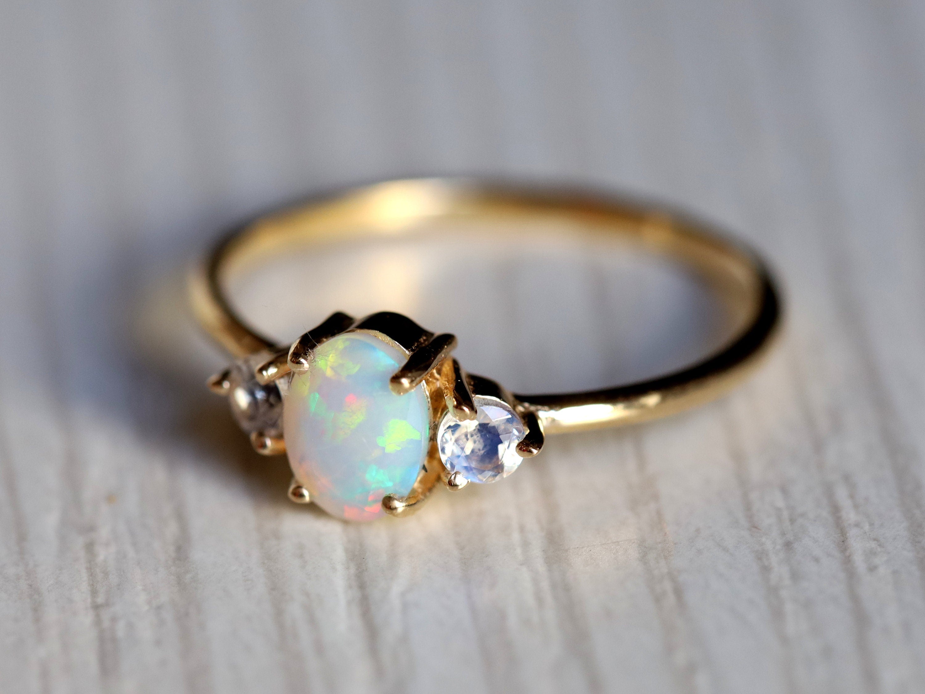 Opal Engagement Ring | Fire Opal & Moonstone Rose Gold Ring | Oval Cut Bridal Ring -
