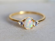 Opal Engagement Ring | Fire Opal & Moonstone Rose Gold Ring | Oval Cut Bridal Ring -