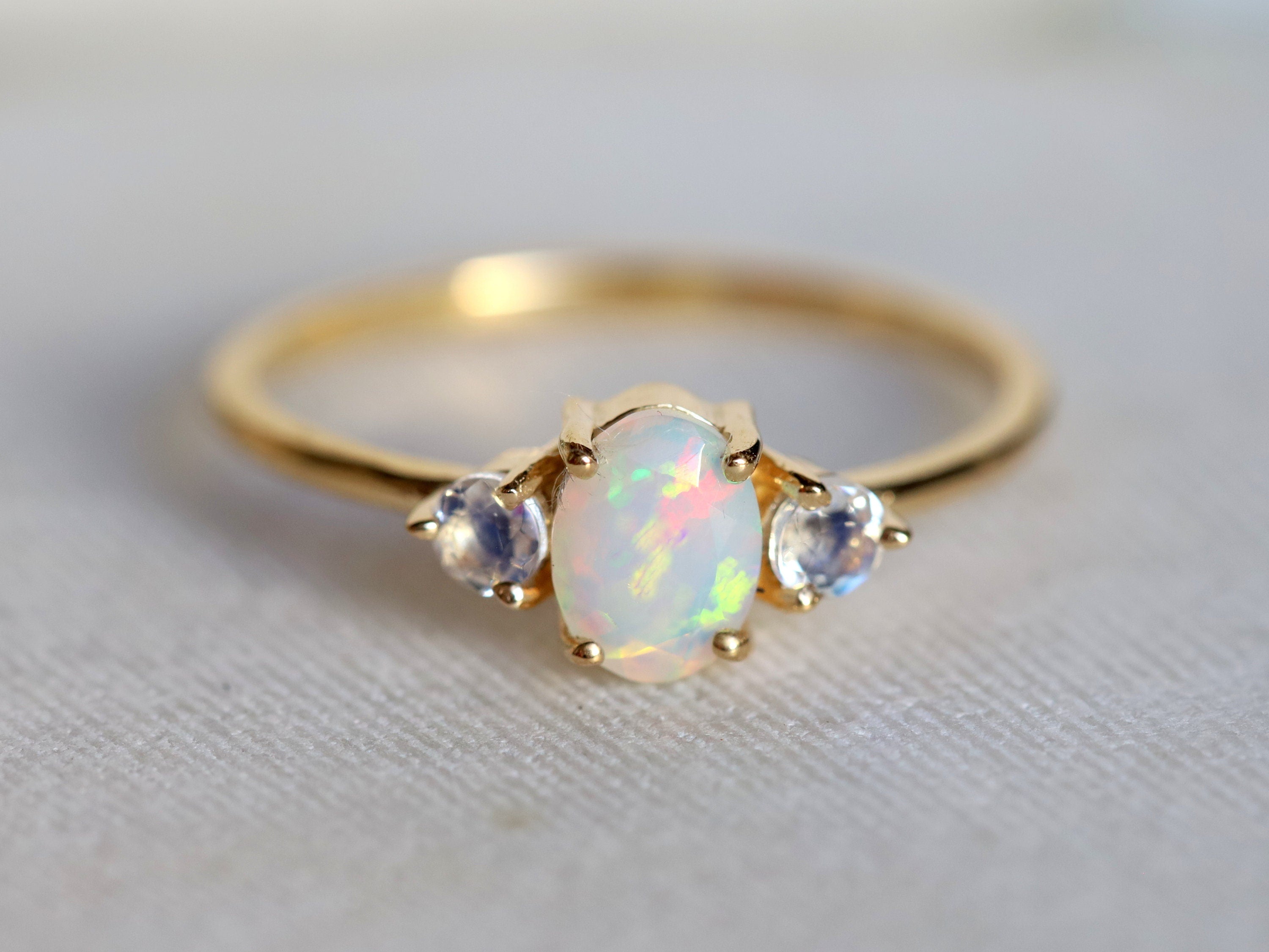 Opal Engagement Ring | Fire Opal & Moonstone Rose Gold Ring | Oval Cut Bridal Ring -