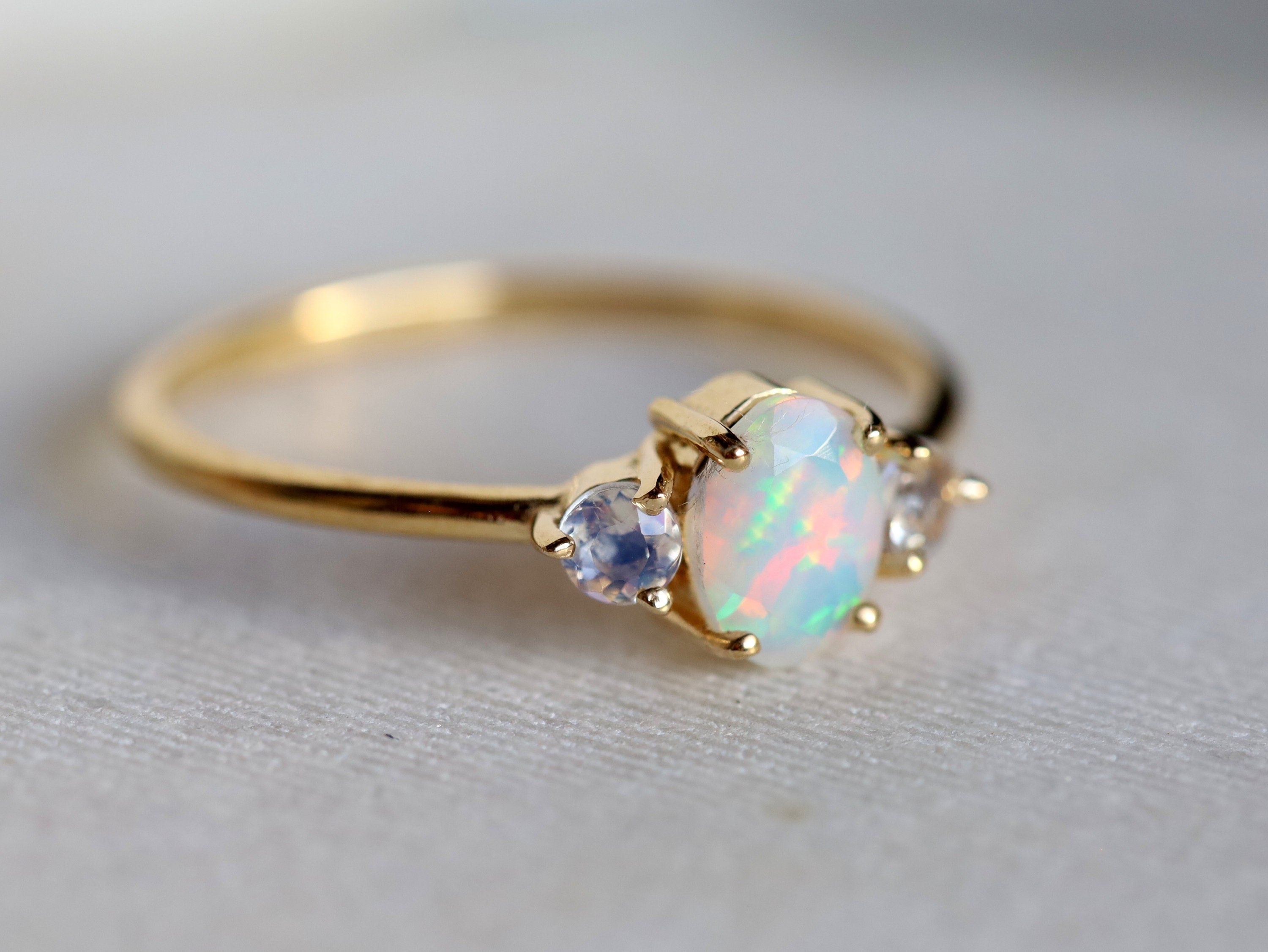 Opal Engagement Ring | Fire Opal & Moonstone Rose Gold Ring | Oval Cut Bridal Ring -