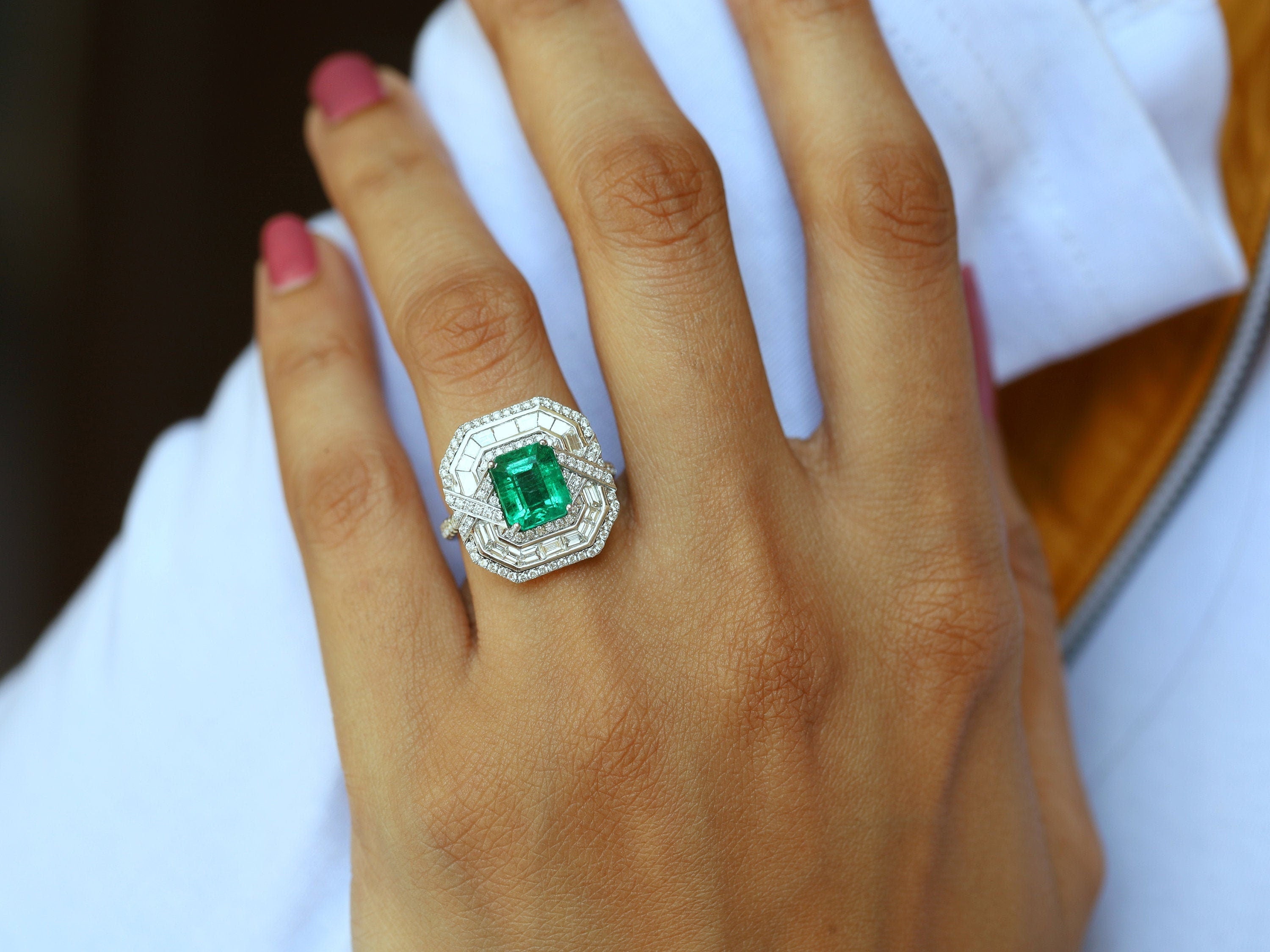 Natural Emerald Engagement Ring | Art Deco Emerald Diamond Ring | 2.5 Carat Emerald Halo Ring -