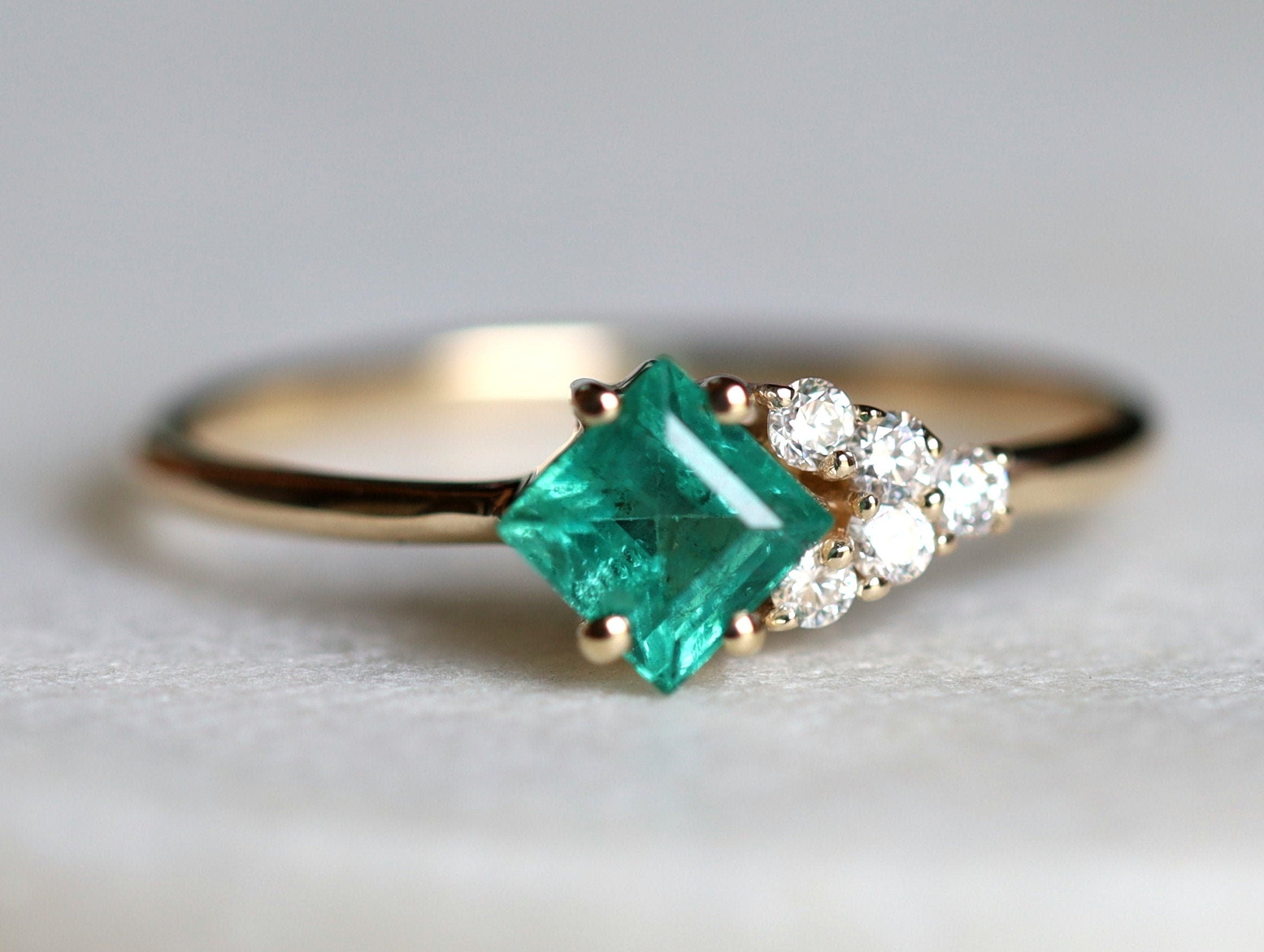 Emerald Cluster Ring | Engagement Cluster | Square Emerald & Diamond Ring | May Birthstone -