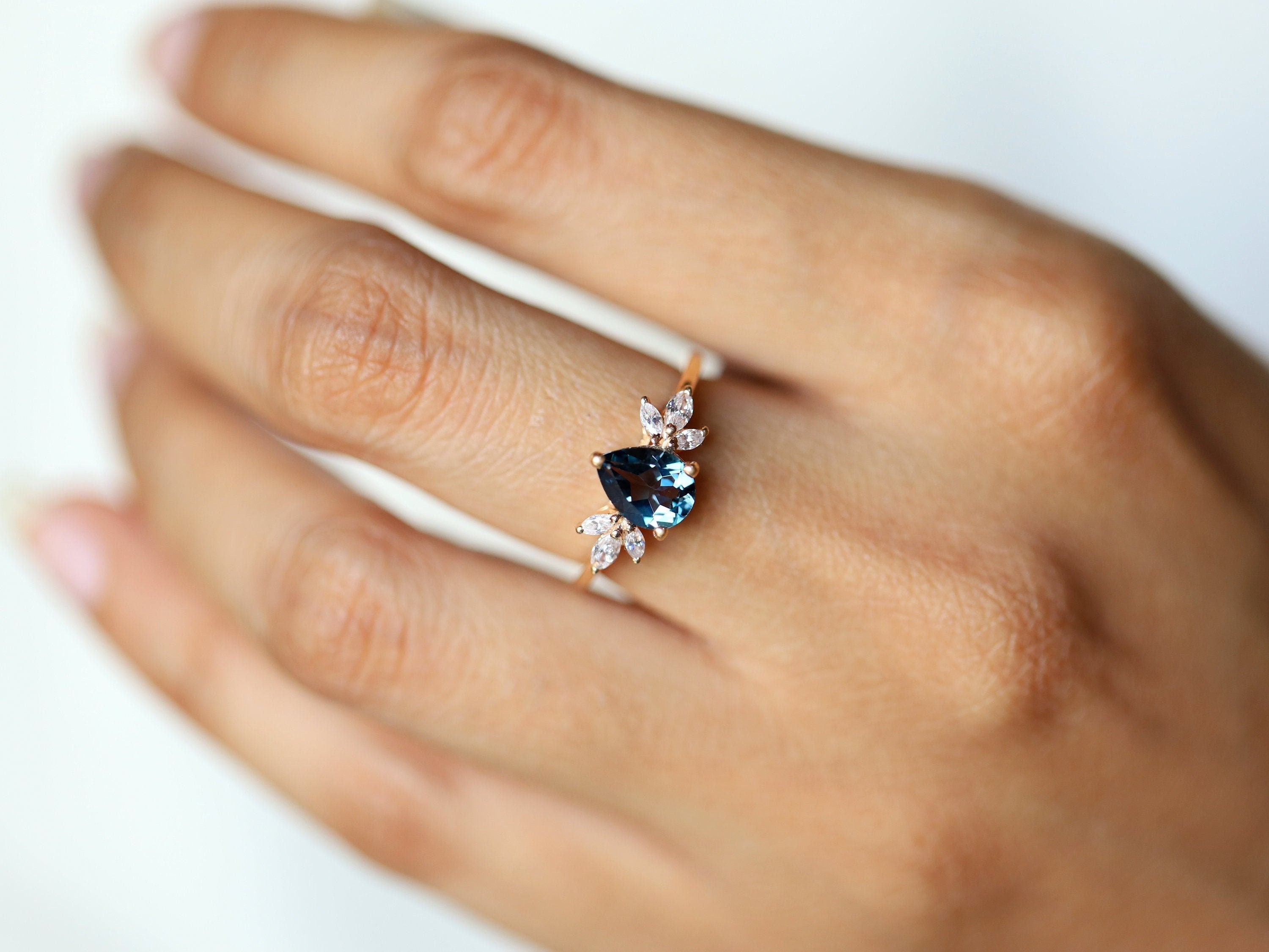 London Blue Topaz Engagement Ring | Twig Style Pear Shape Ring | Marquise Diamond Ring -