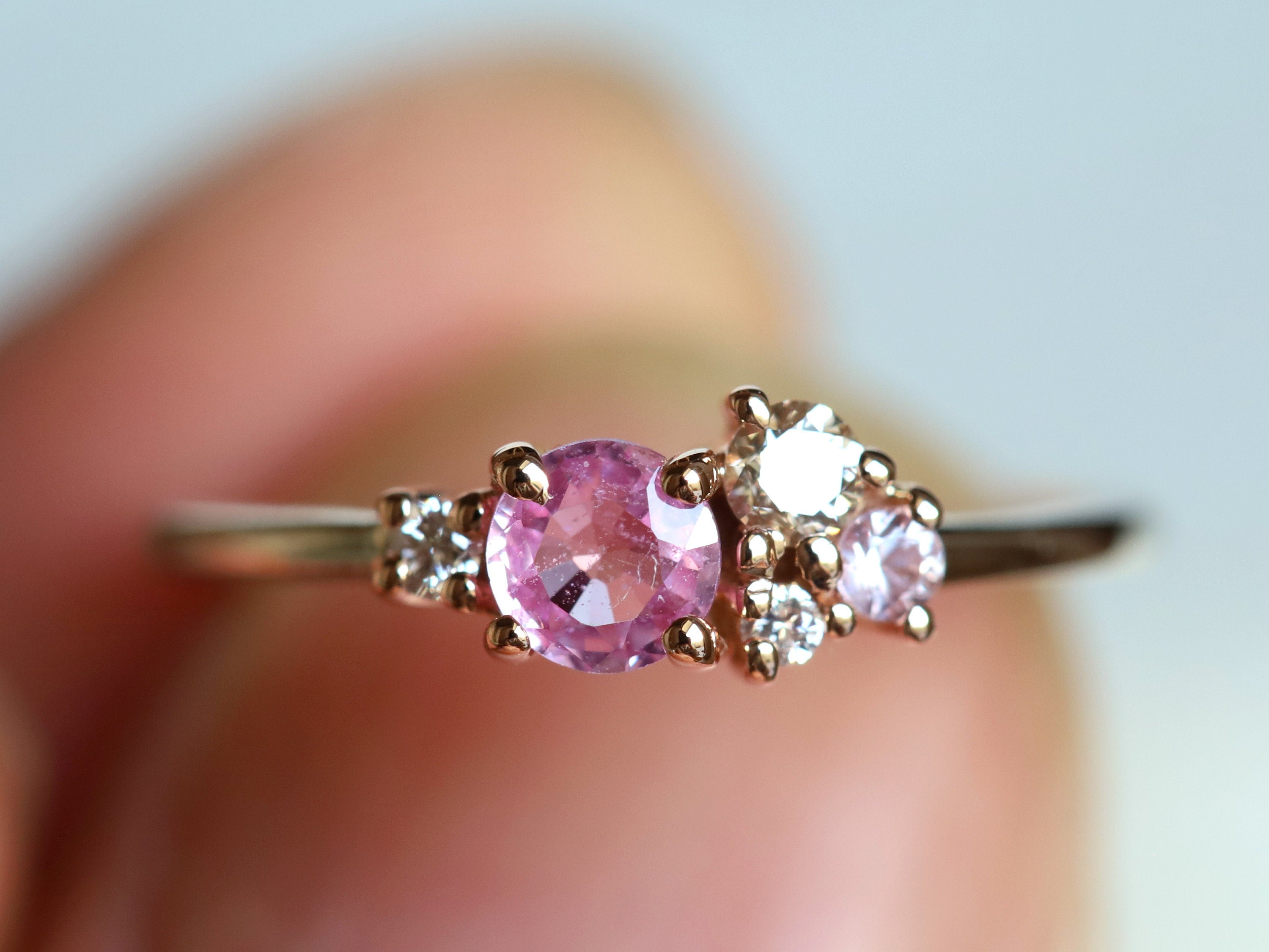 Sapphire Cluster Engagement Ring | Pink Sapphire & Diamond Ring | Cluster Engagement Ring -