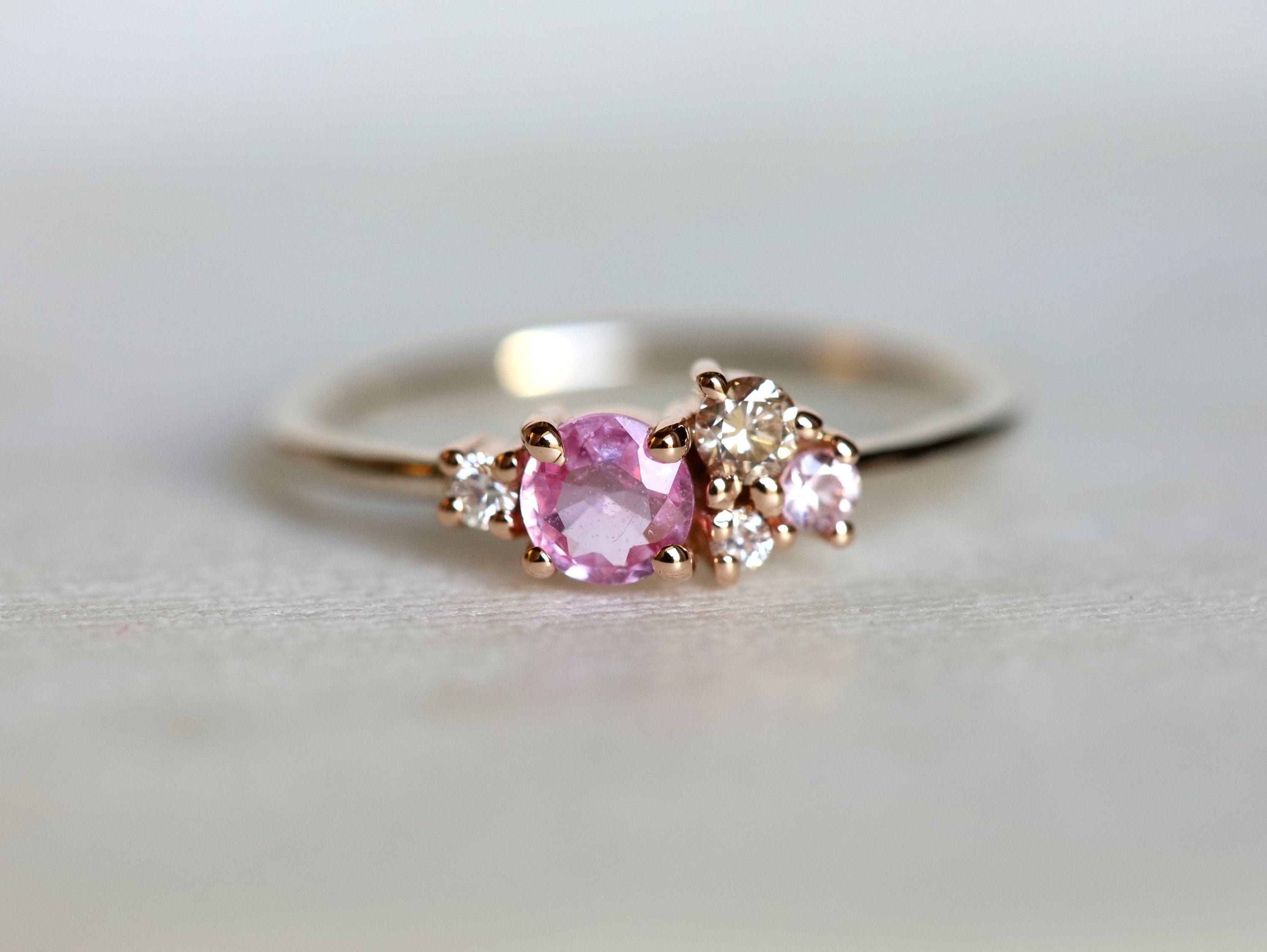 Sapphire Cluster Engagement Ring | Pink Sapphire & Diamond Ring | Cluster Engagement Ring -
