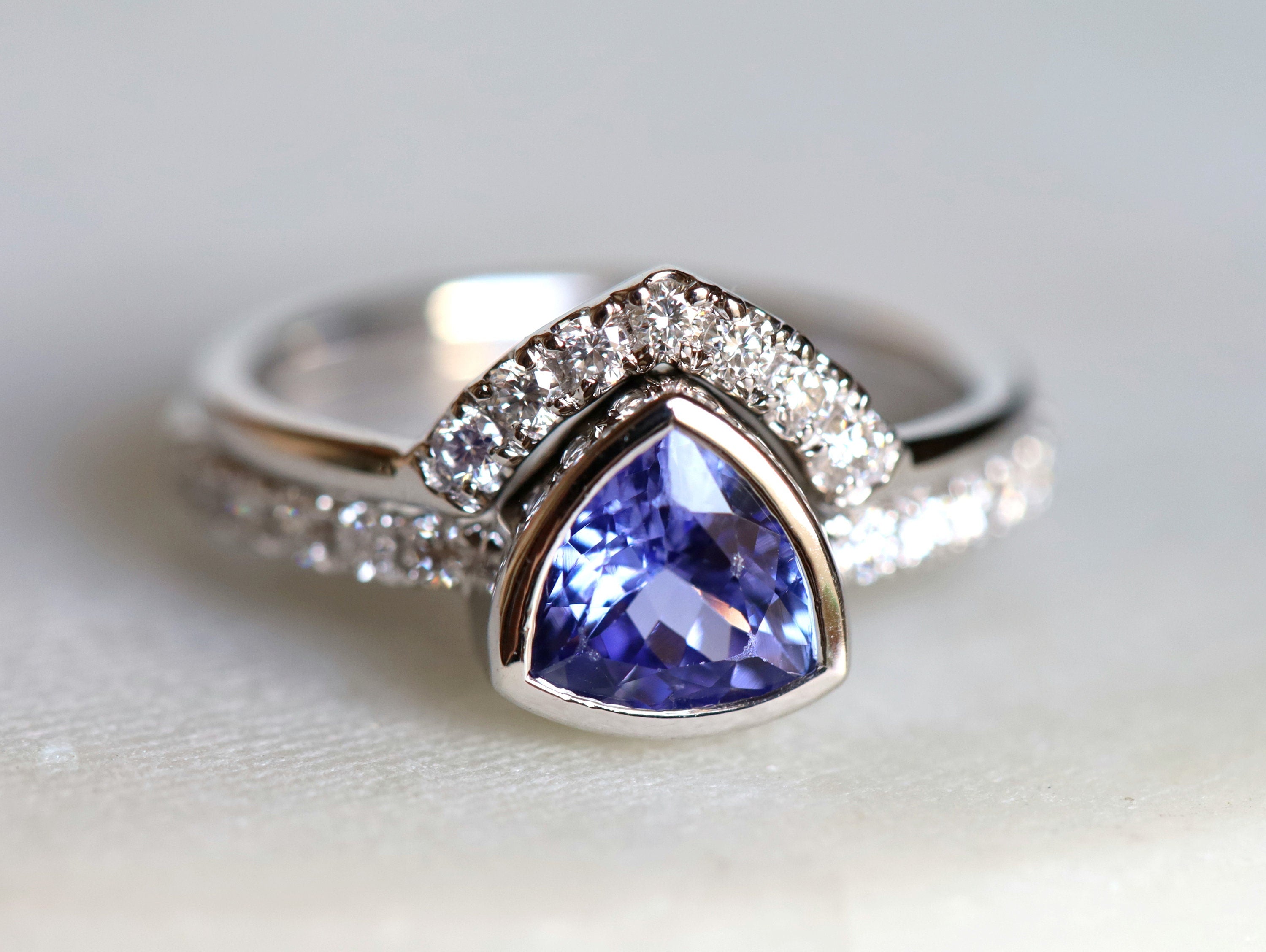 Trillion Cut Tanzanite Engagement Ring Set | Chevron Nesting Band | Anniversary Ring -
