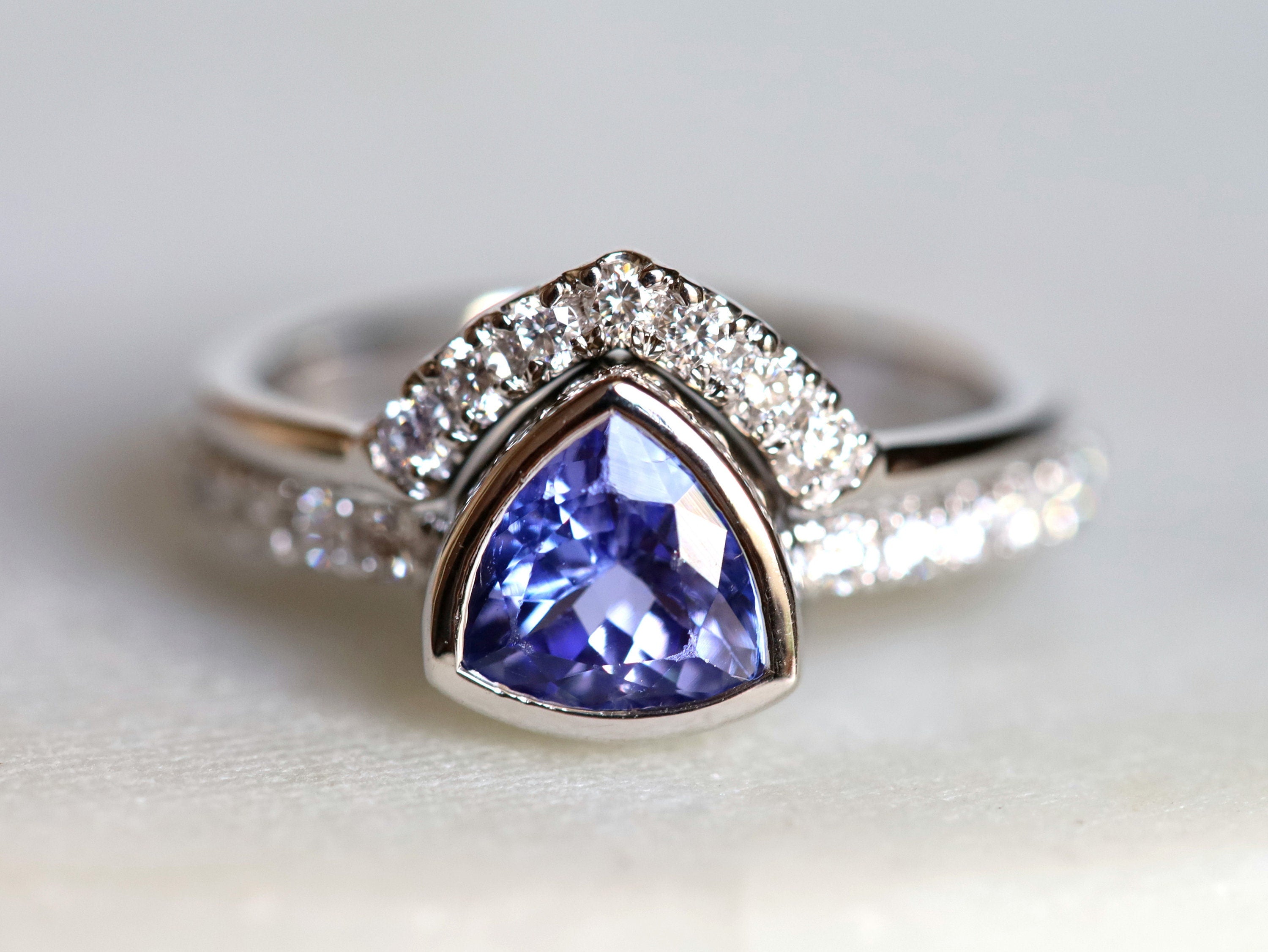 Trillion Cut Tanzanite Engagement Ring Set | Chevron Nesting Band | Anniversary Ring -