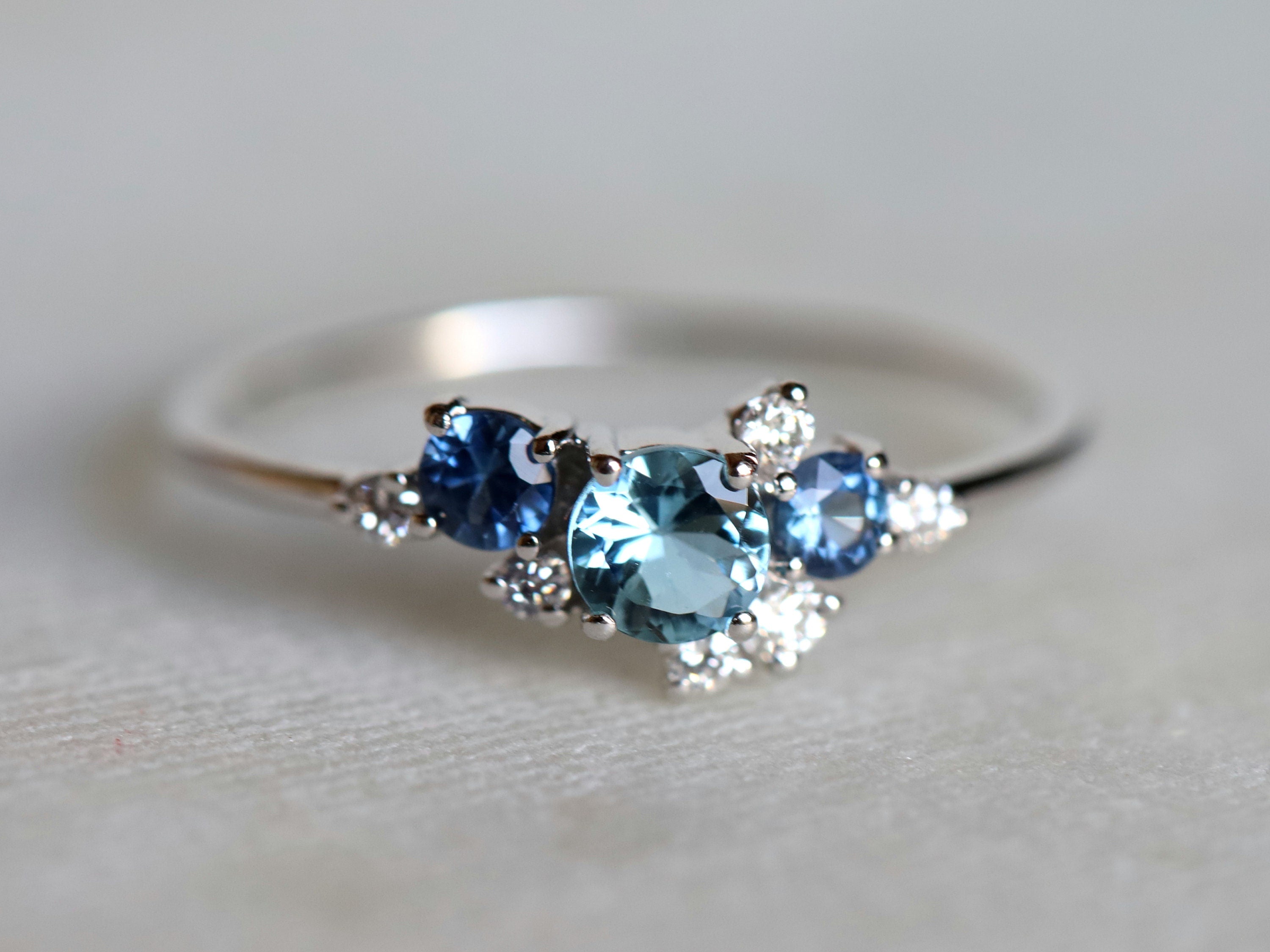 Aquamarine Engagement Ring | Sapphire Cluster Ring | Aquamarine & Diamond Cluster Ring -