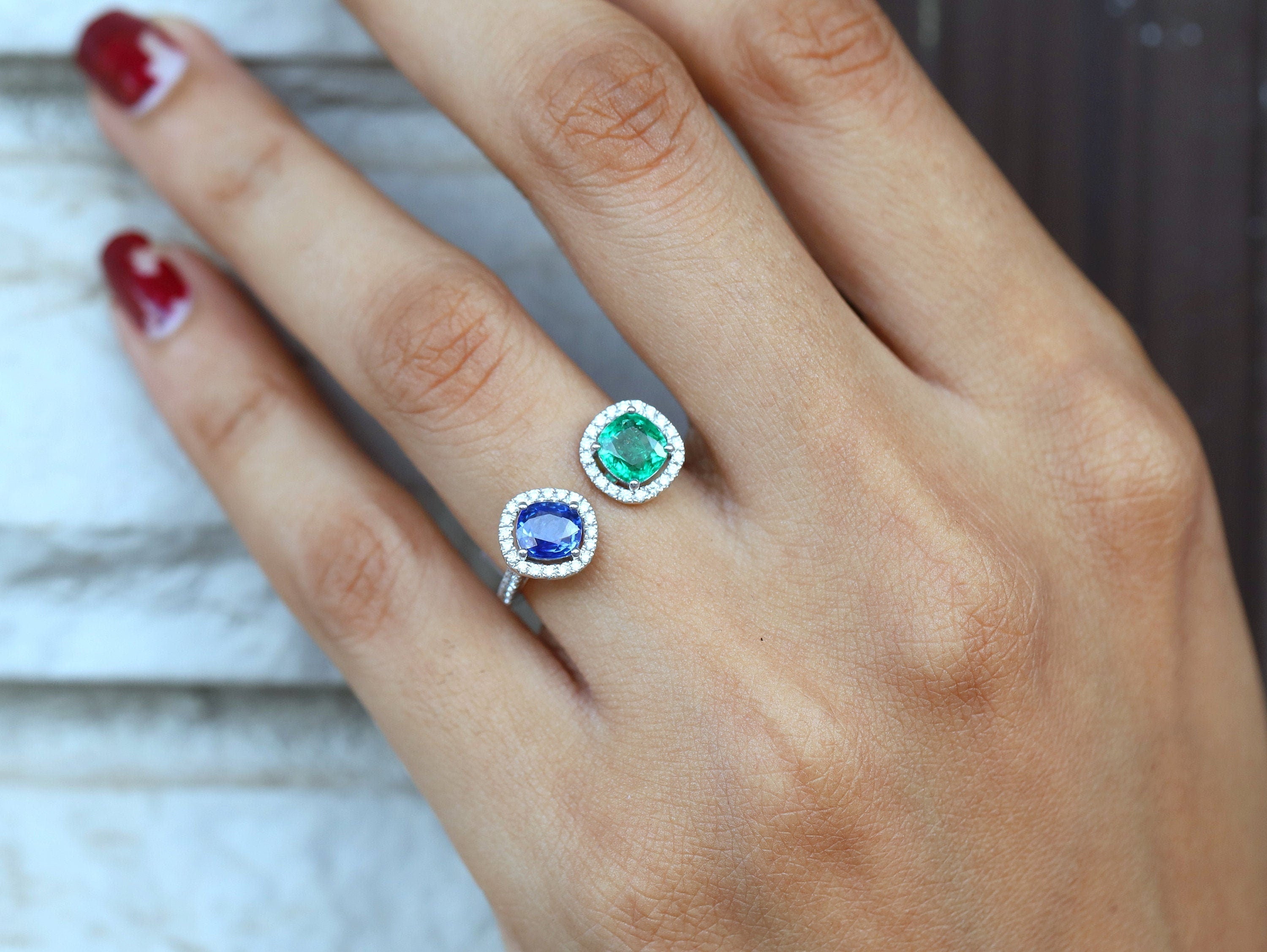 Emerald & Sapphire Halo Engagement Ring | Adjustable Art Deco Ring | Unique Gemstone Ring -