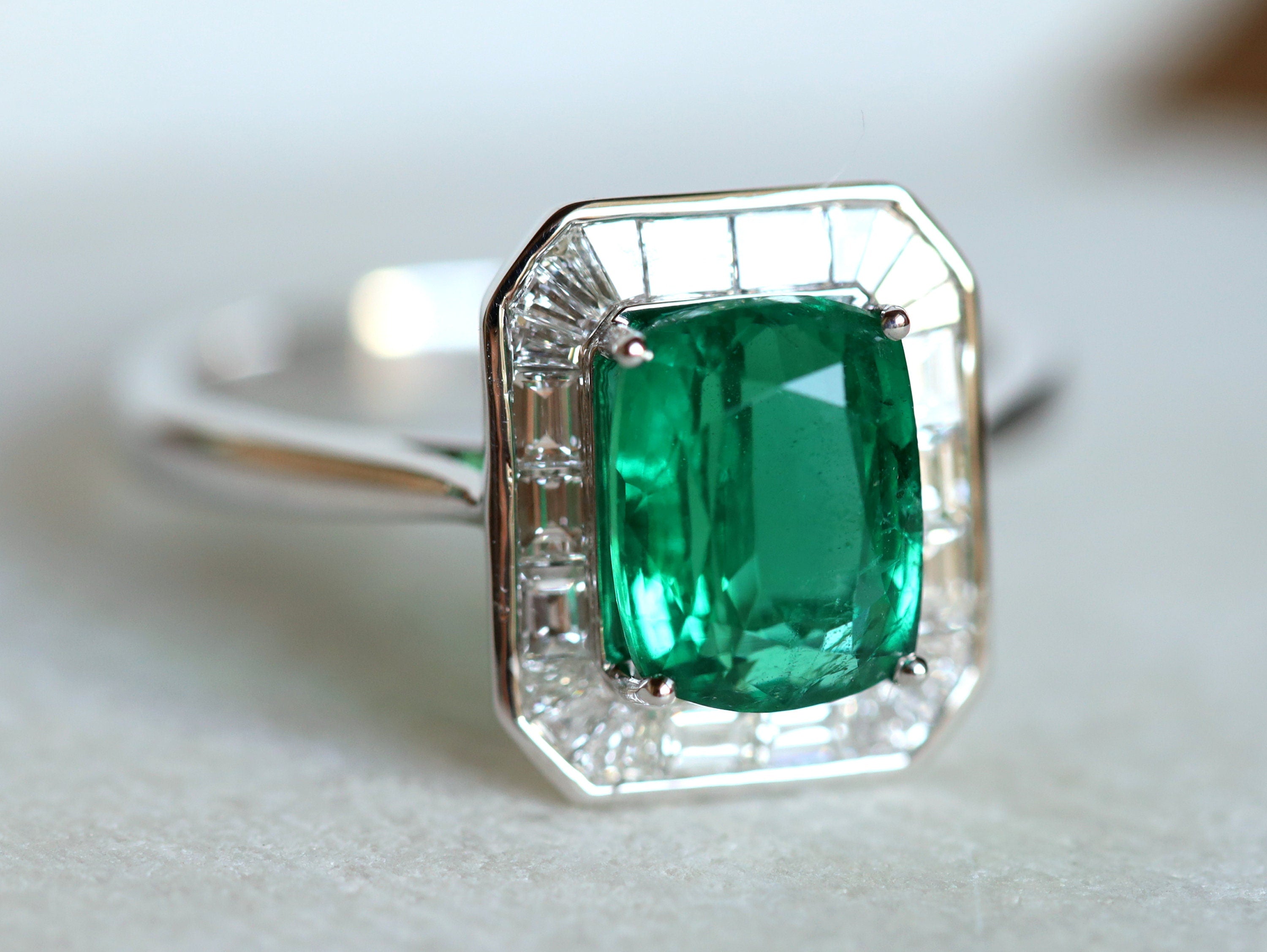 Antique Emerald Engagement Ring | 2.5CT Cushion Emerald with Diamond Baguette Halo -