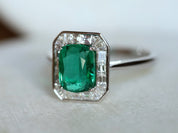 Antique Emerald Engagement Ring | 2.5CT Cushion Emerald with Diamond Baguette Halo -