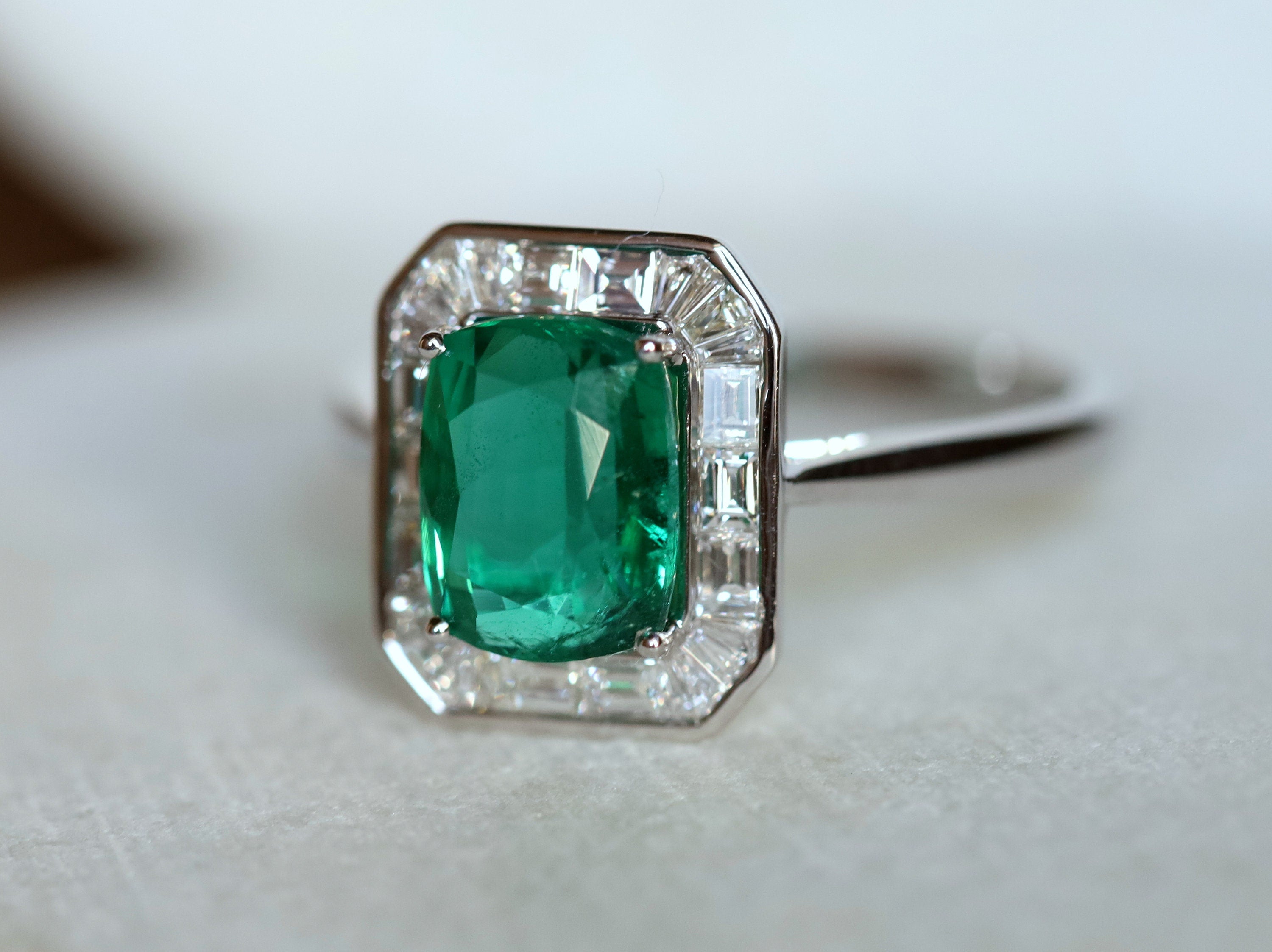 Antique Emerald Engagement Ring | 2.5CT Cushion Emerald with Diamond Baguette Halo -