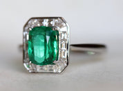 Antique Emerald Engagement Ring | 2.5CT Cushion Emerald with Diamond Baguette Halo -