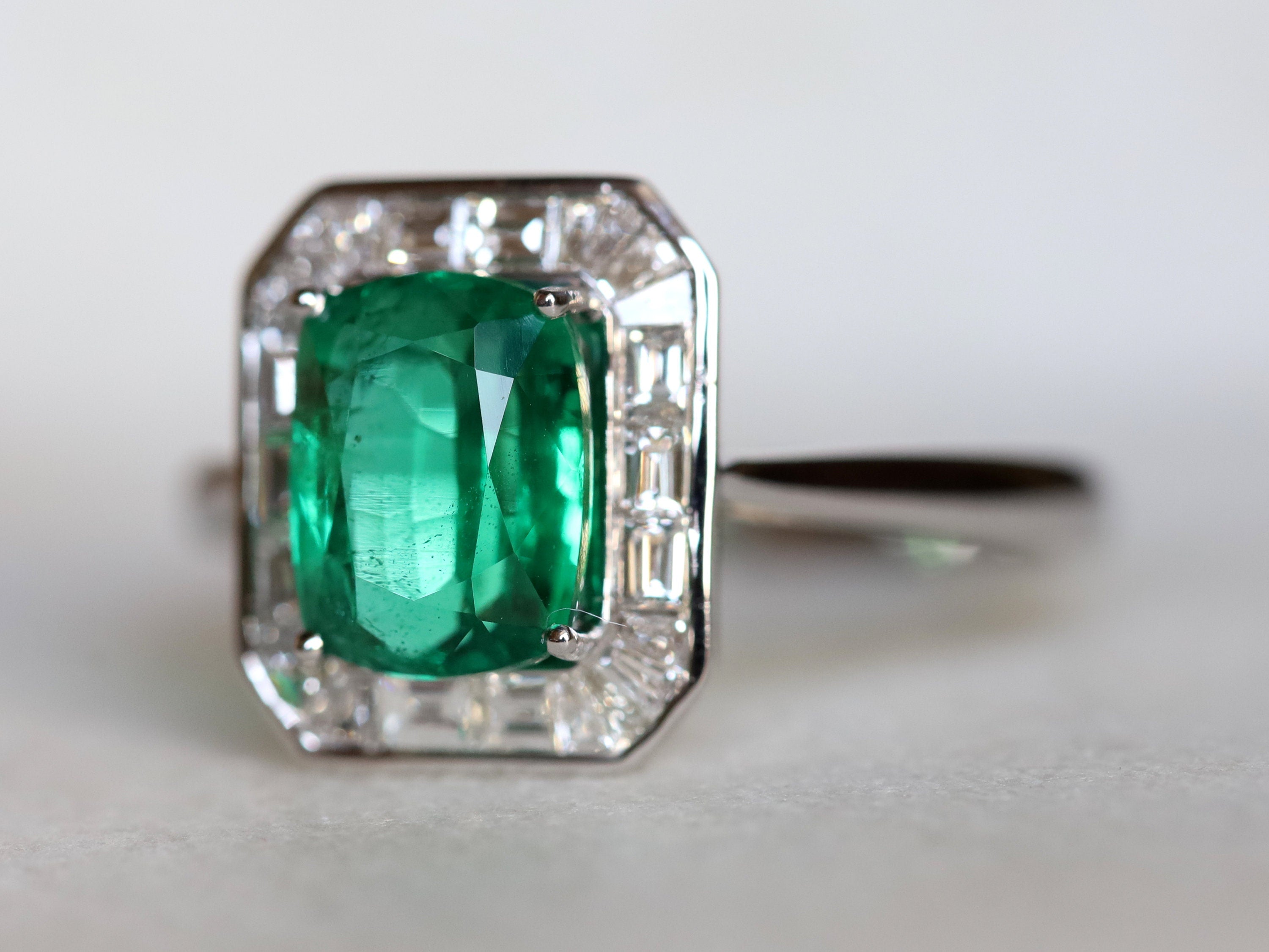 Antique Emerald Engagement Ring | 2.5CT Cushion Emerald with Diamond Baguette Halo -