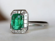 Antique Emerald Engagement Ring | 2.5CT Cushion Emerald with Diamond Baguette Halo -