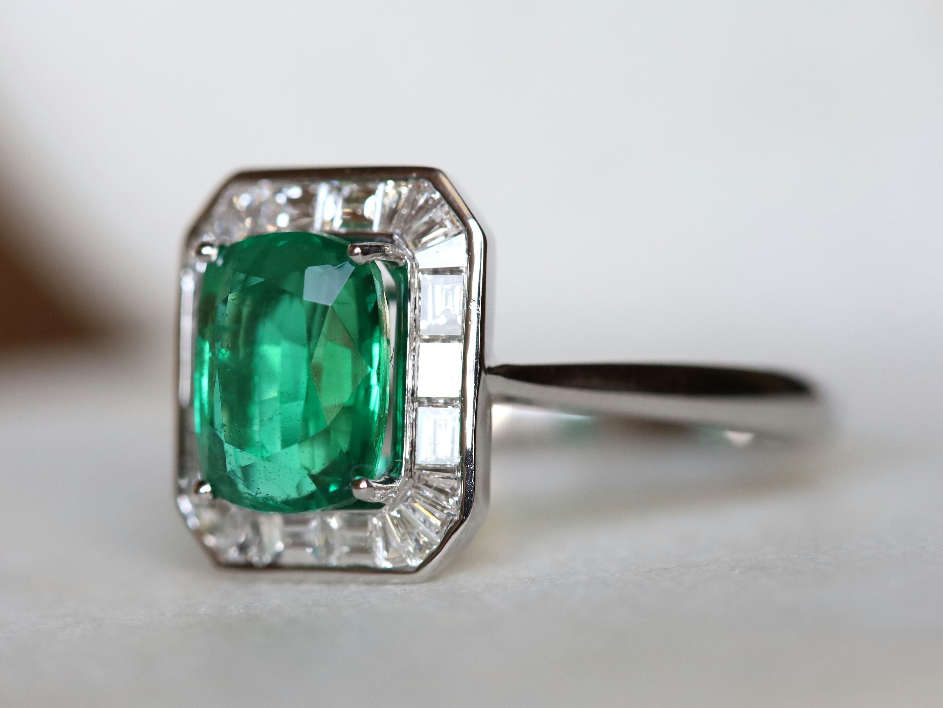 Antique Emerald Engagement Ring | 2.5CT Cushion Emerald with Diamond Baguette Halo -