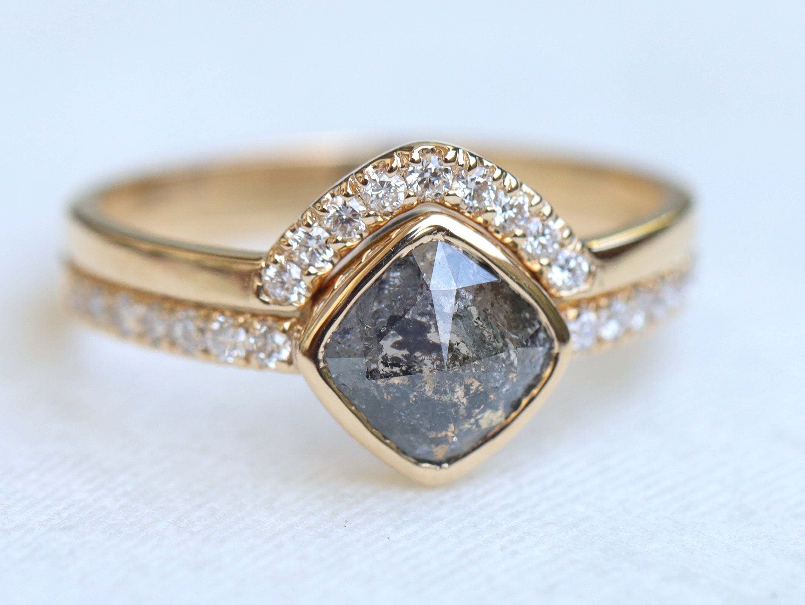 2-Carat Gray & White Diamond Ring Set | Salt & Pepper Cushion Rose Cut Wedding Set -