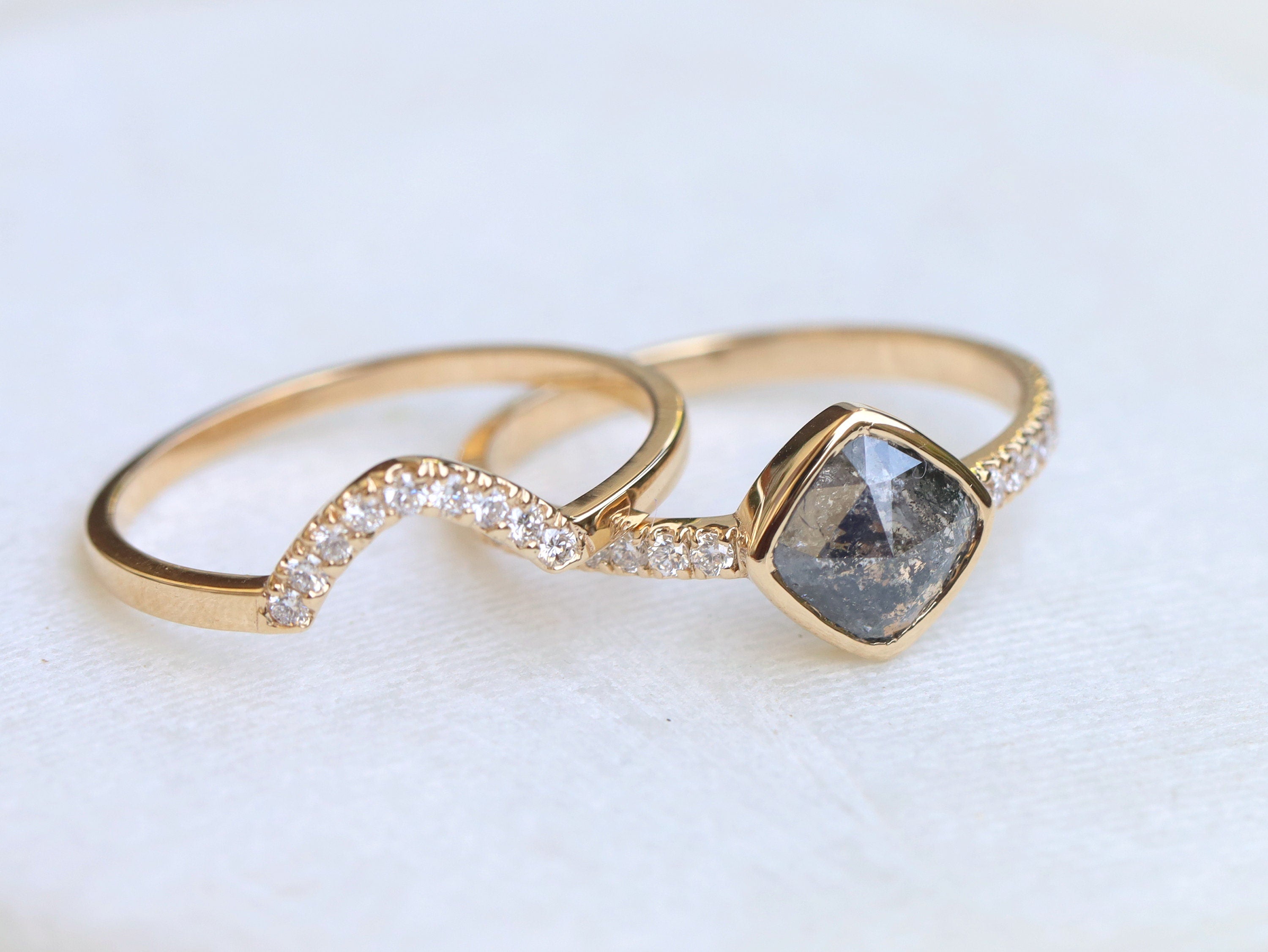 2-Carat Gray & White Diamond Ring Set | Salt & Pepper Cushion Rose Cut Wedding Set -