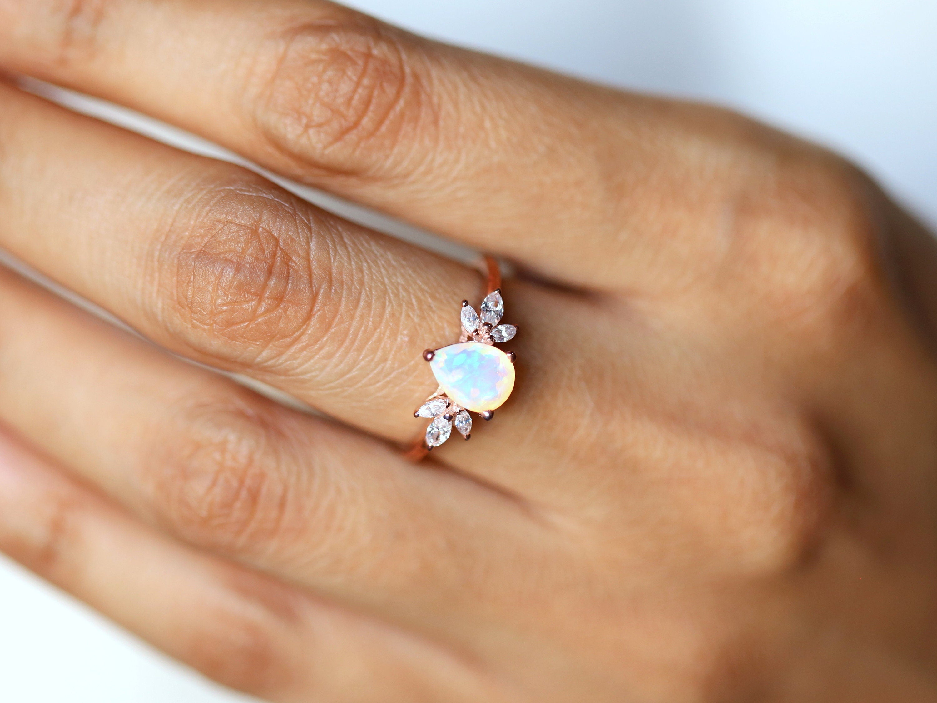 Opal Engagement Ring | Vintage Rose Gold Fire Opal Ring | Pear Cut Bridal Ring -