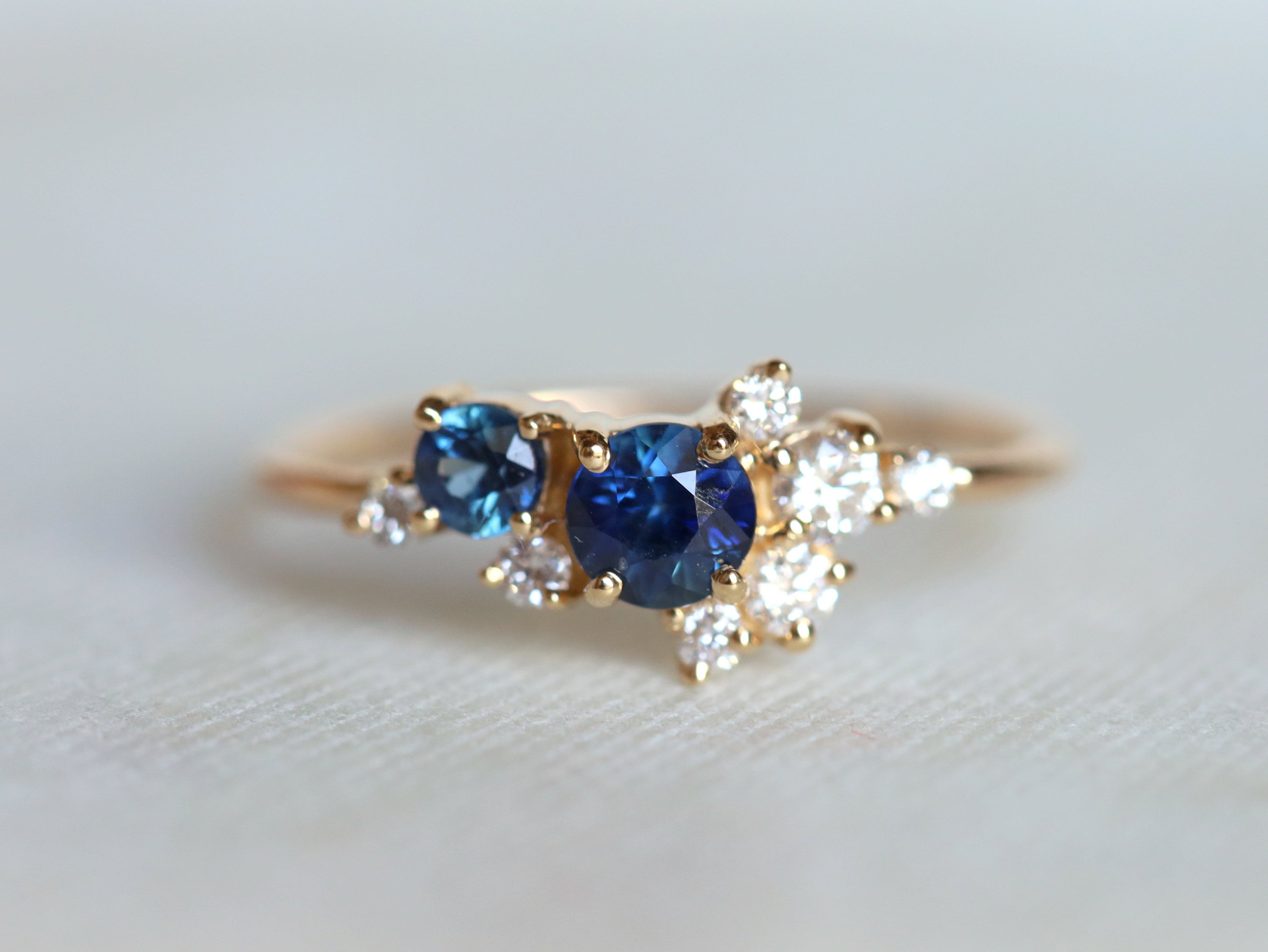 Blue Sapphire Cluster Engagement Ring | Diamond Round Cut Cluster Ring | September Birthstone -