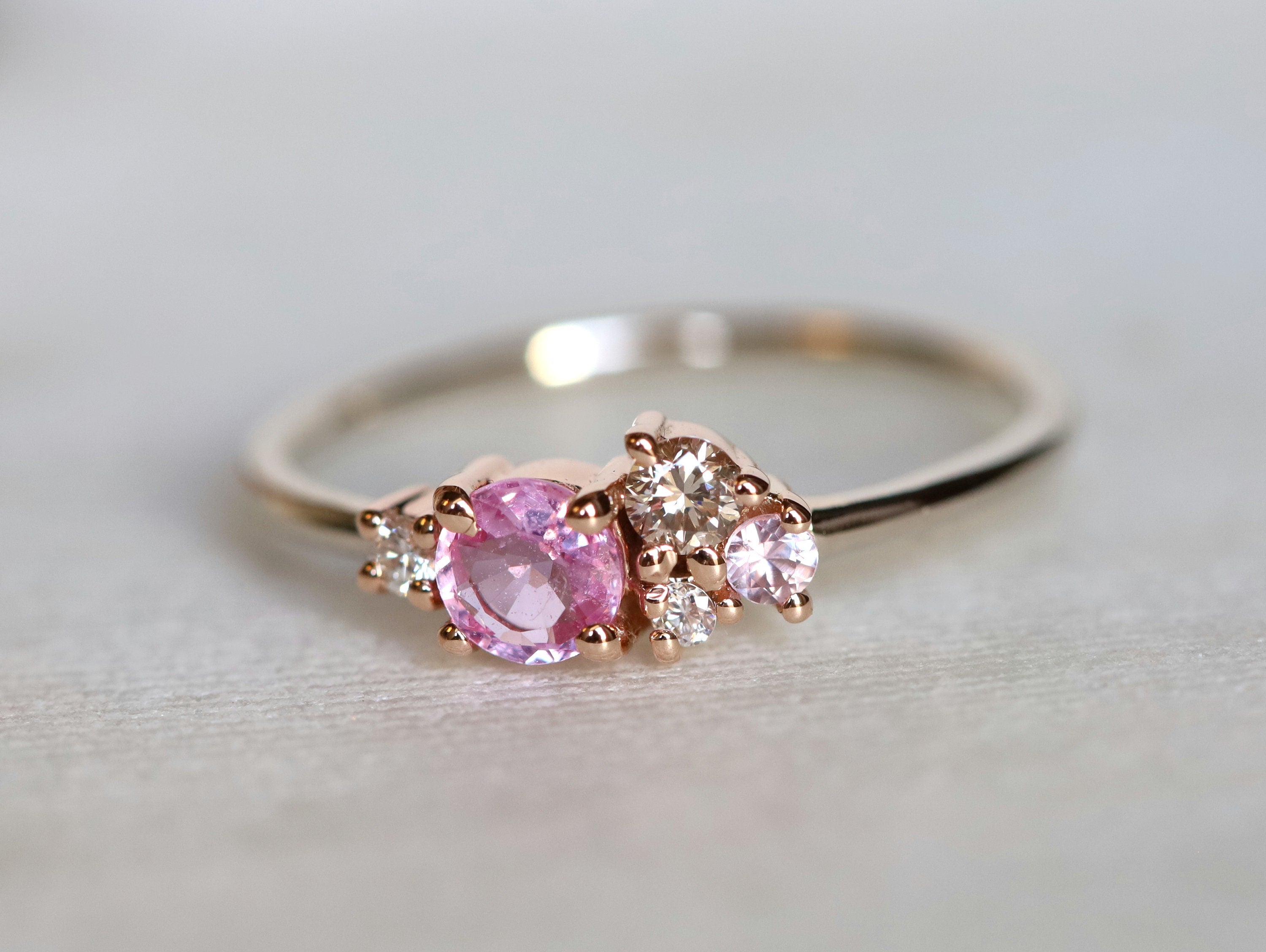 Sapphire Cluster Engagement Ring | Pink Sapphire & Diamond Ring | Cluster Engagement Ring -