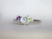 Moonstone & Amethyst Cluster Ring | Rainbow Moonstone Engagement Ring | June Birthstone -