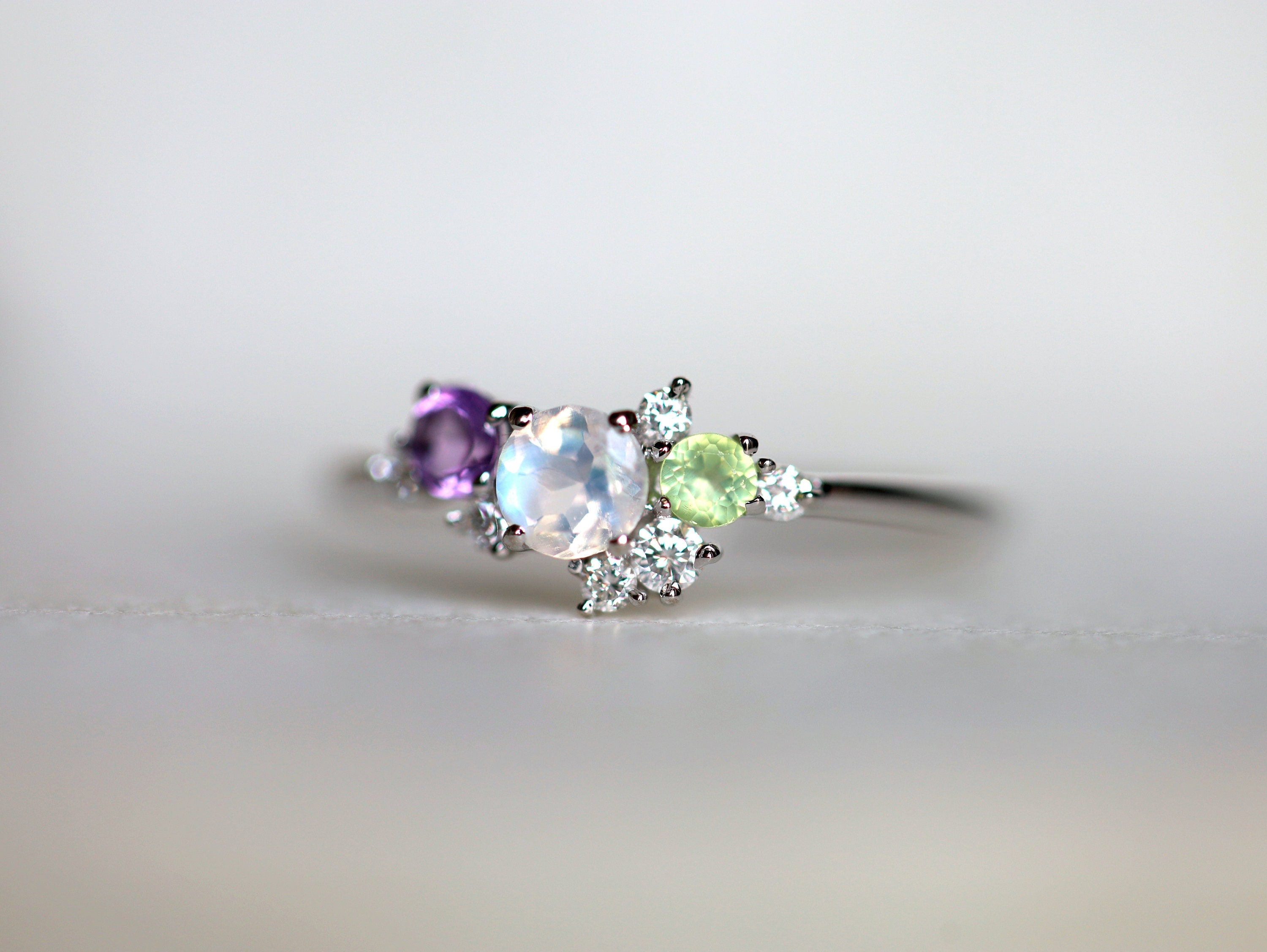 Moonstone & Amethyst Cluster Ring | Rainbow Moonstone Engagement Ring | June Birthstone -