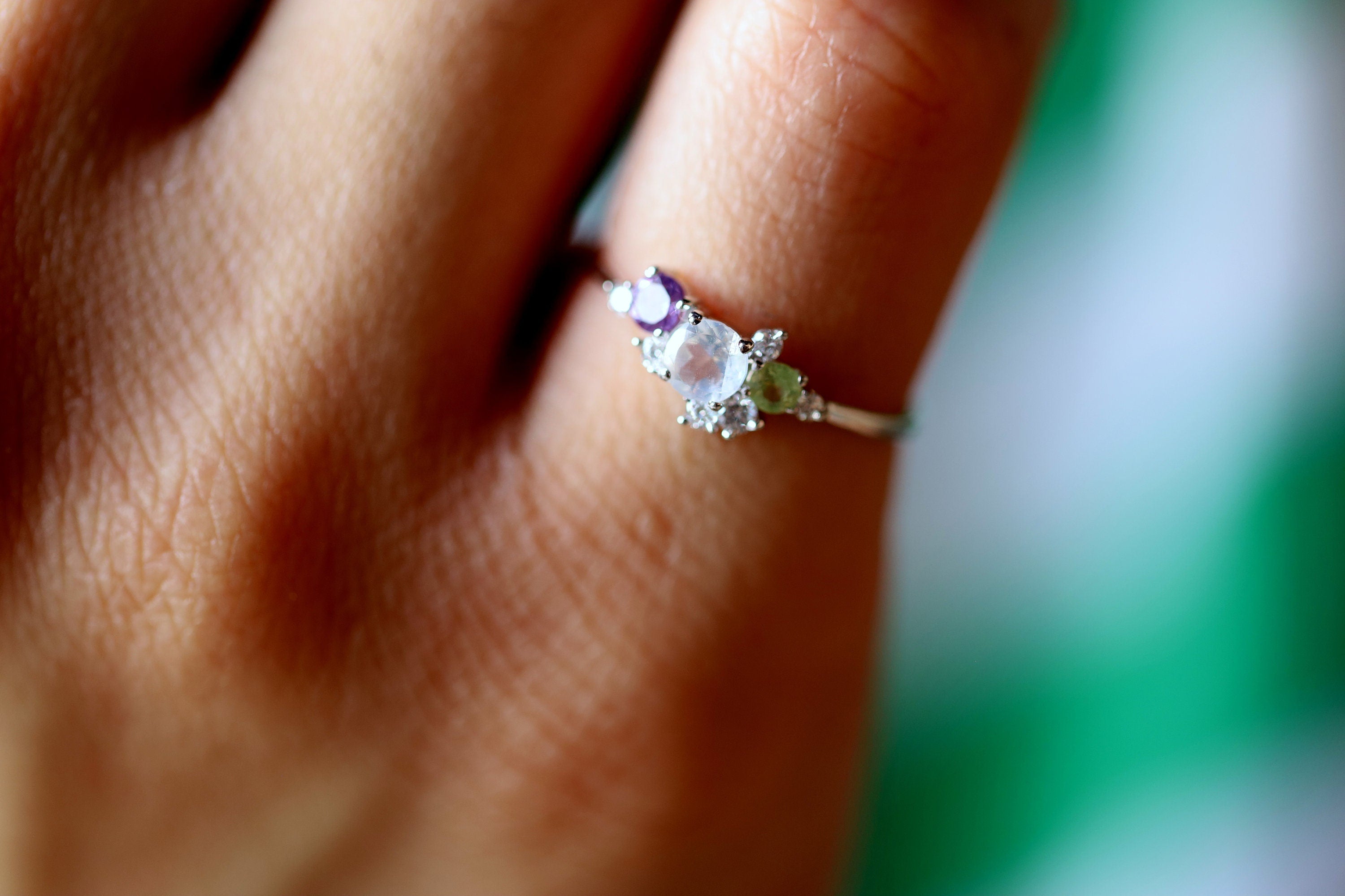 Moonstone & Amethyst Cluster Ring | Rainbow Moonstone Engagement Ring | June Birthstone -