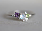Moonstone & Amethyst Cluster Ring | Rainbow Moonstone Engagement Ring | June Birthstone -