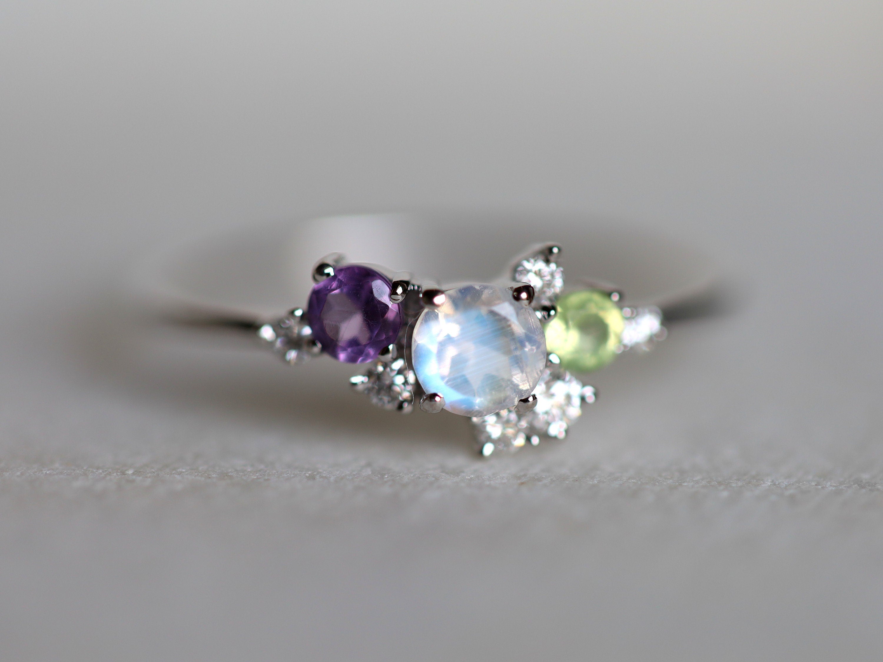 Moonstone & Amethyst Cluster Ring | Rainbow Moonstone Engagement Ring | June Birthstone -