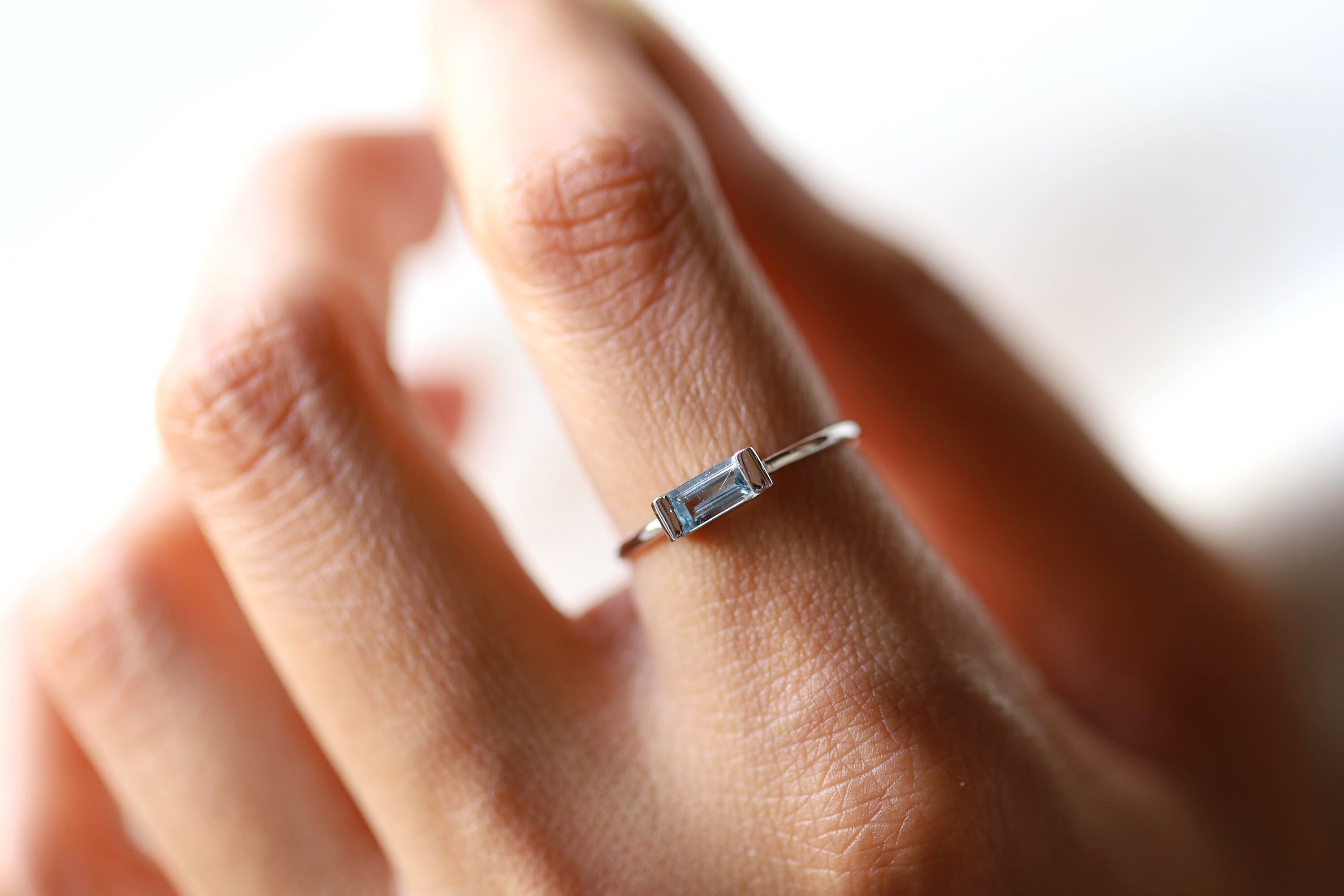 Aquamarine Baguette Ring | March Birthstone Gold Stacking Ring | Dainty Aquamarine Ring -