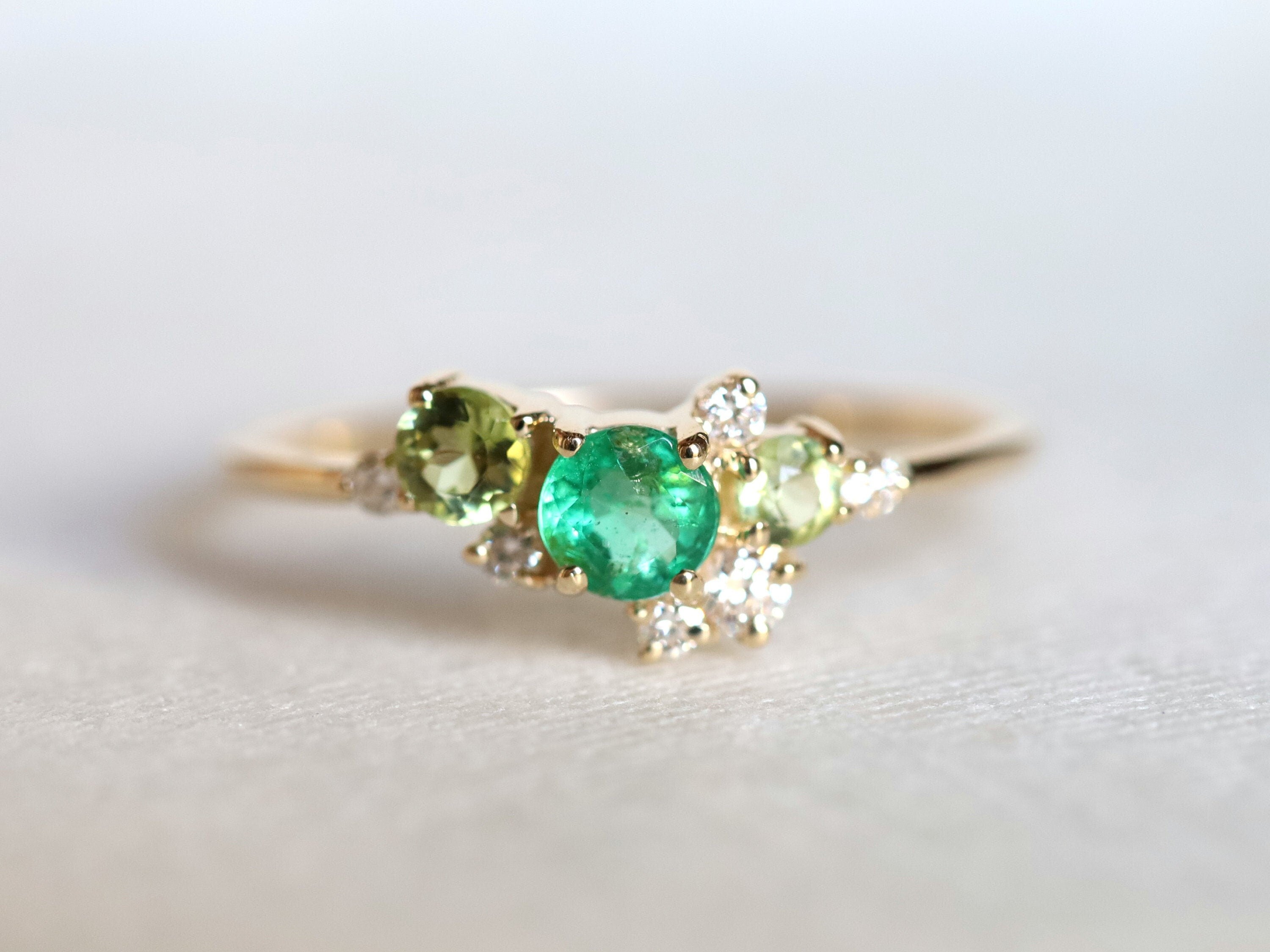 Emerald & Peridot Cluster Ring | Green Emerald | Cluster Diamond Engagement Ring -