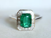 Antique Emerald Engagement Ring | 2.5CT Cushion Emerald with Diamond Baguette Halo -