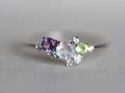 Moonstone & Amethyst Cluster Ring | Rainbow Moonstone Engagement Ring | June Birthstone -