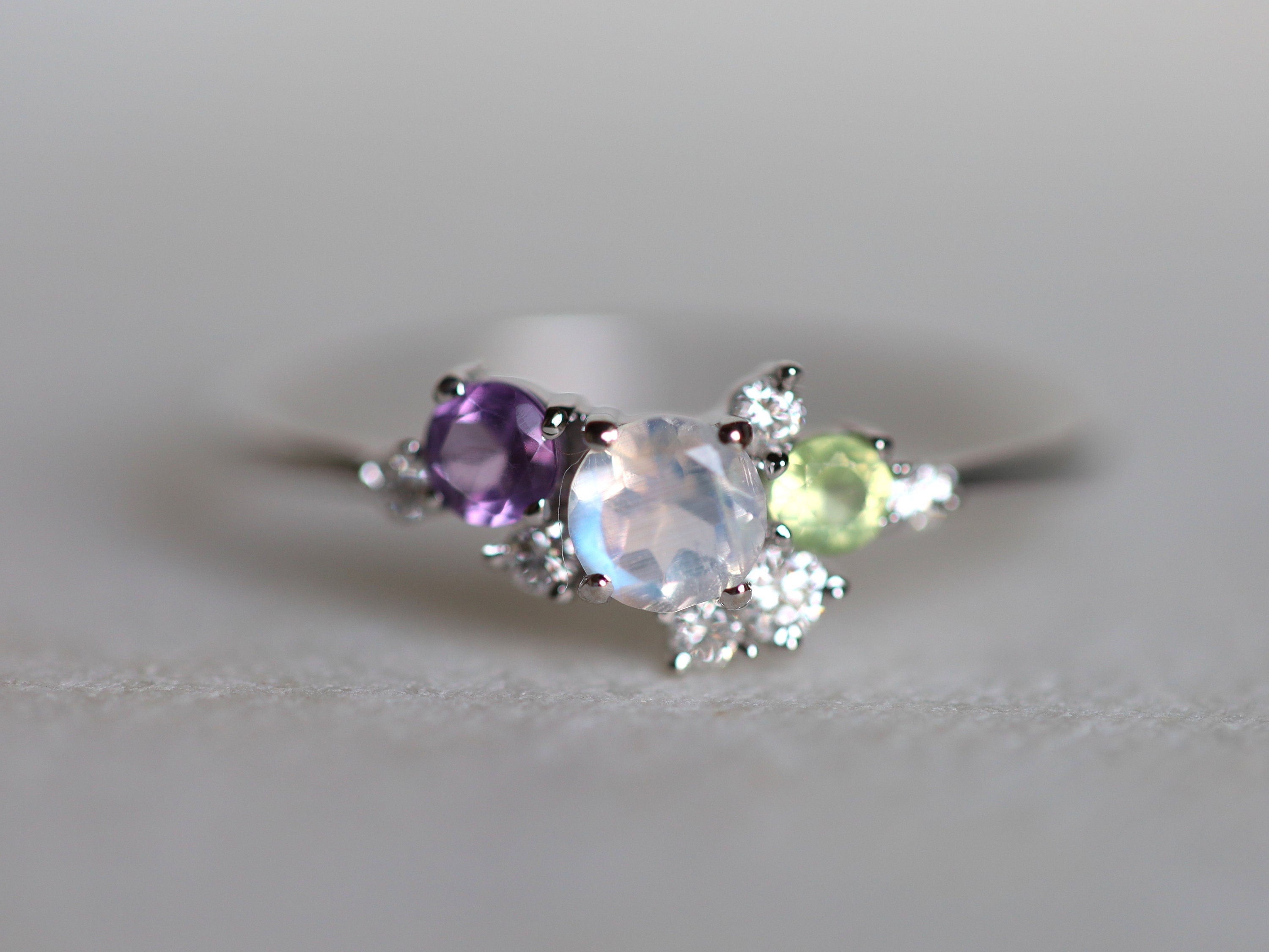 Moonstone & Amethyst Cluster Ring | Rainbow Moonstone Engagement Ring | June Birthstone -