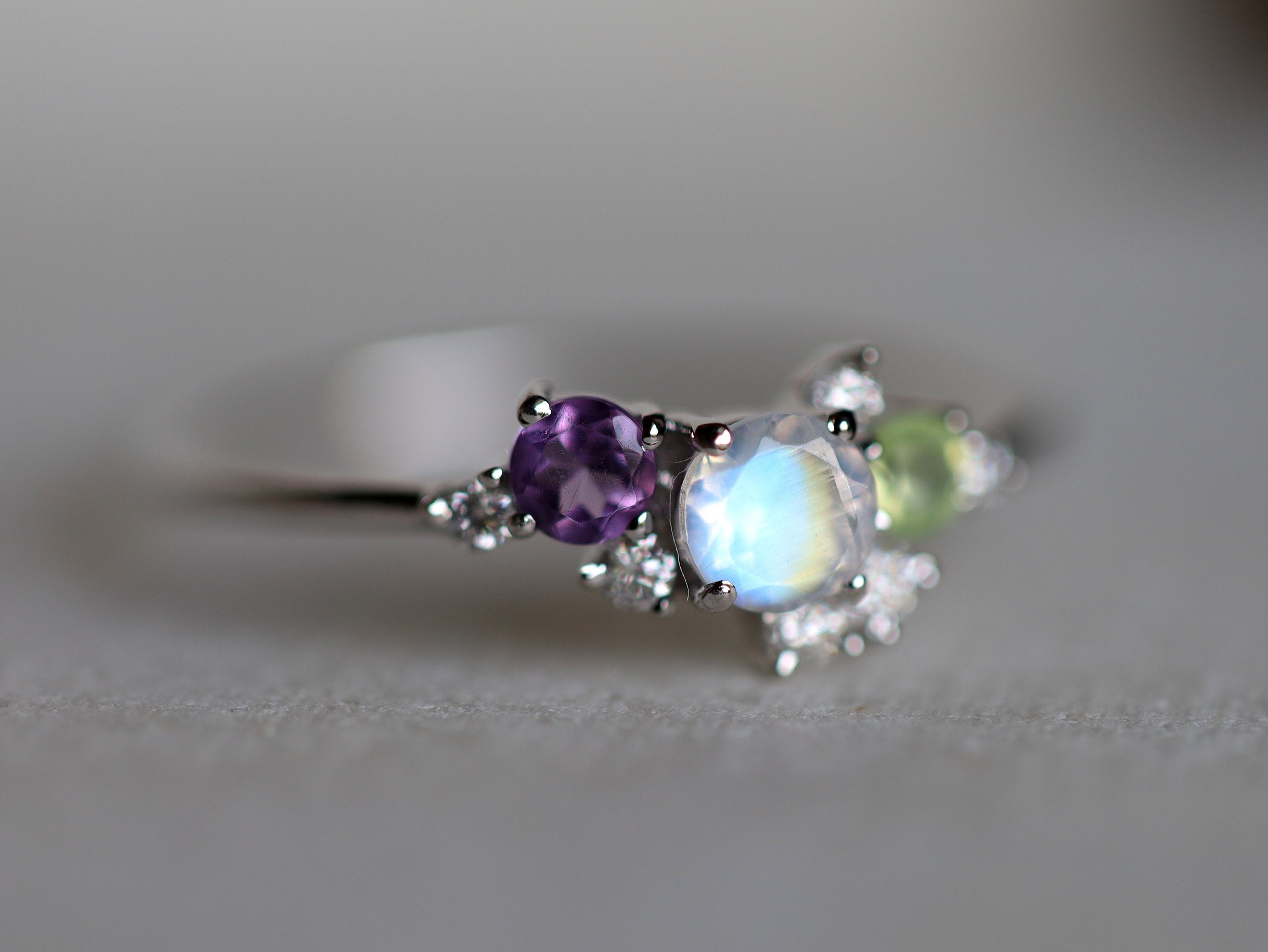 Moonstone & Amethyst Cluster Ring | Rainbow Moonstone Engagement Ring | June Birthstone -