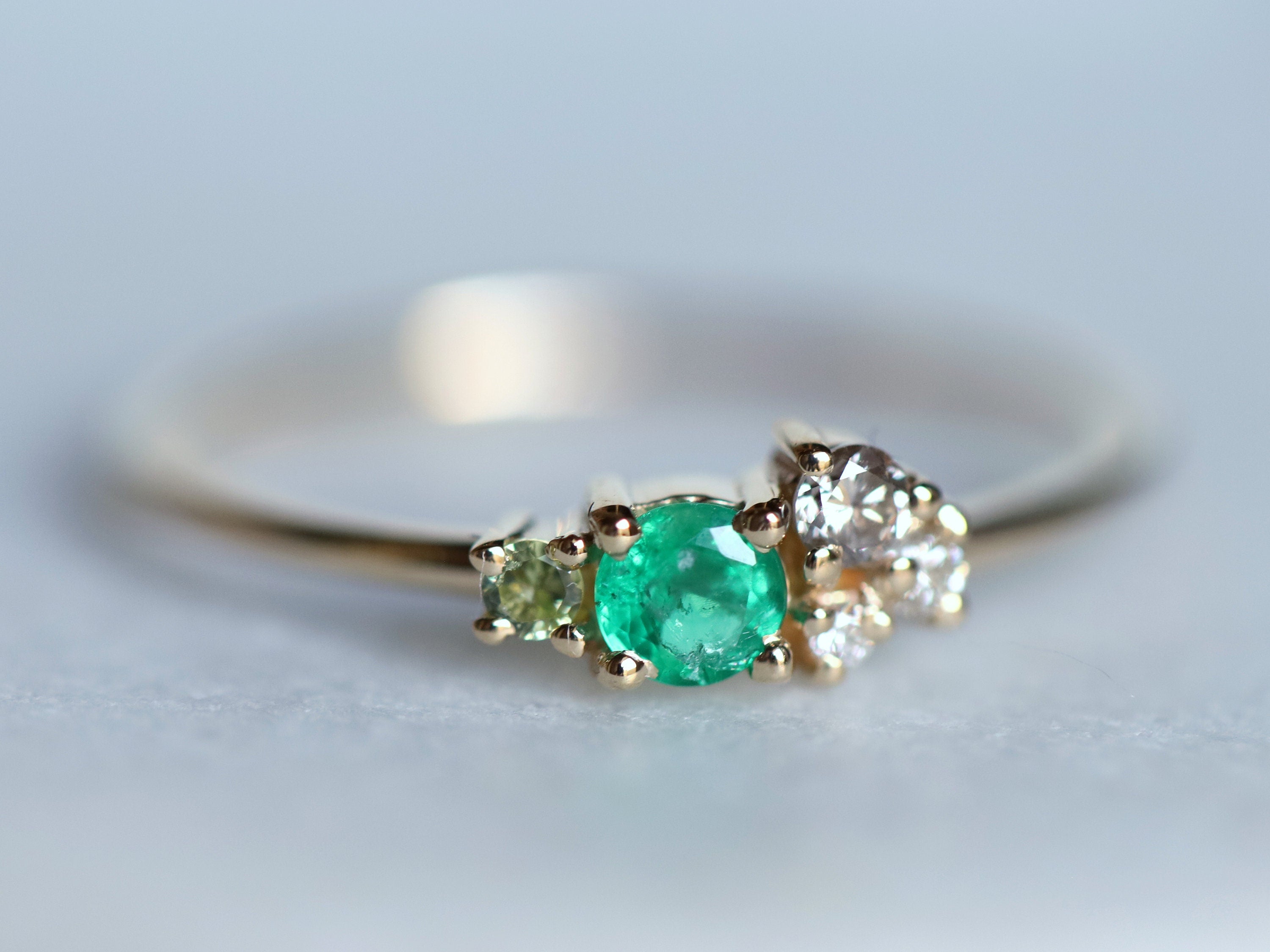 Emerald Peridot Diamond Cluster Ring | Green Emerald Engagement Ring | Diamond Cluster Ring -