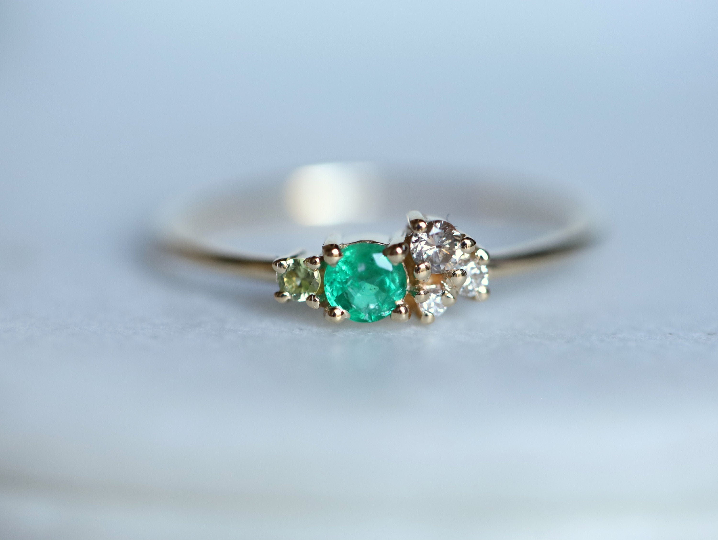 Emerald Peridot Diamond Cluster Ring | Green Emerald Engagement Ring | Diamond Cluster Ring -