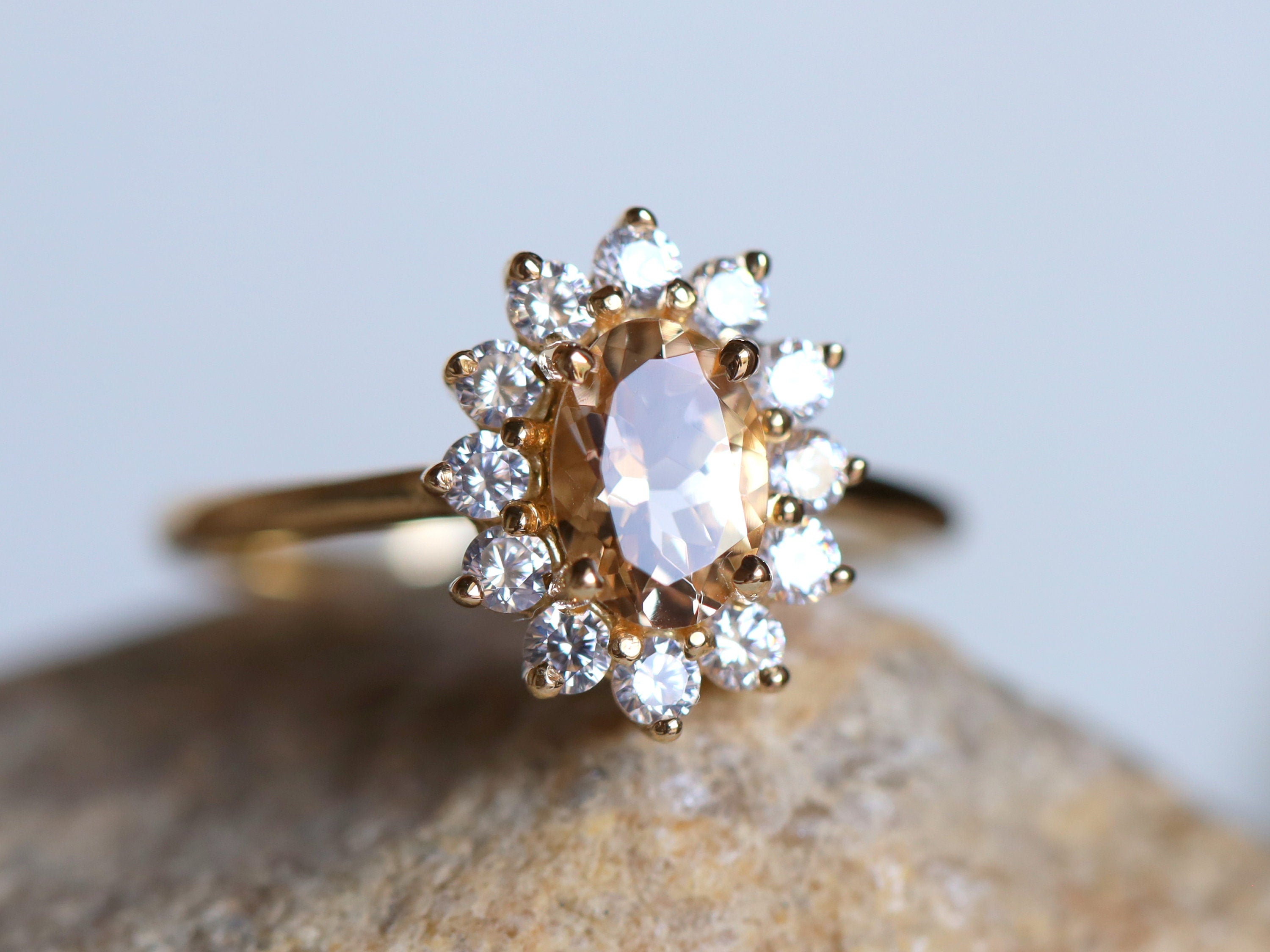 Morganite Halo Engagement Ring | Art Deco Oval Cut Morganite & Diamond Ring -