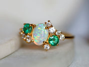 Australian Opal Engagement Ring | Opal & Emerald Cluster Ring | Fire Opal Diamond Ring -