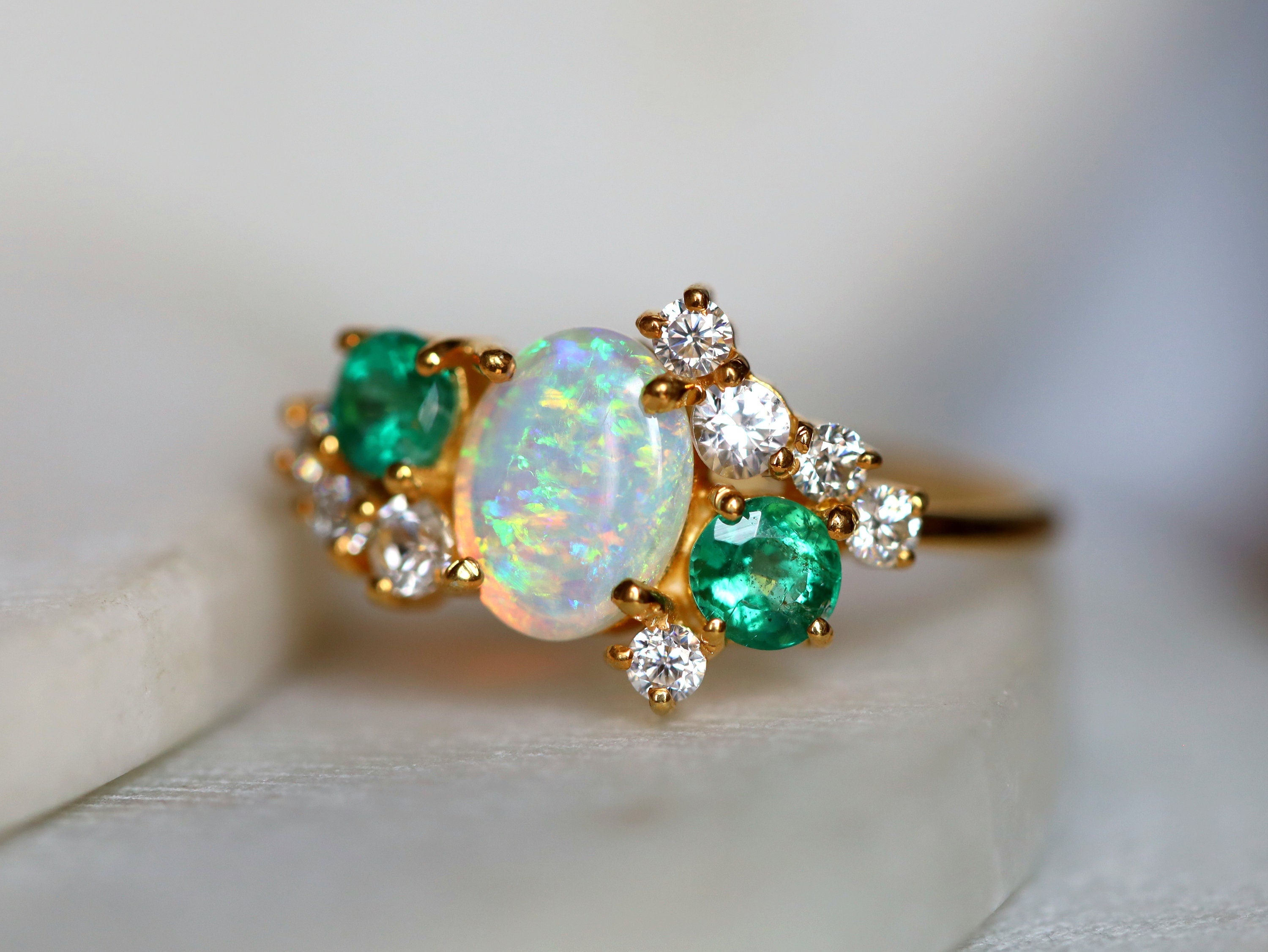 Australian Opal Engagement Ring | Opal & Emerald Cluster Ring | Fire Opal Diamond Ring -