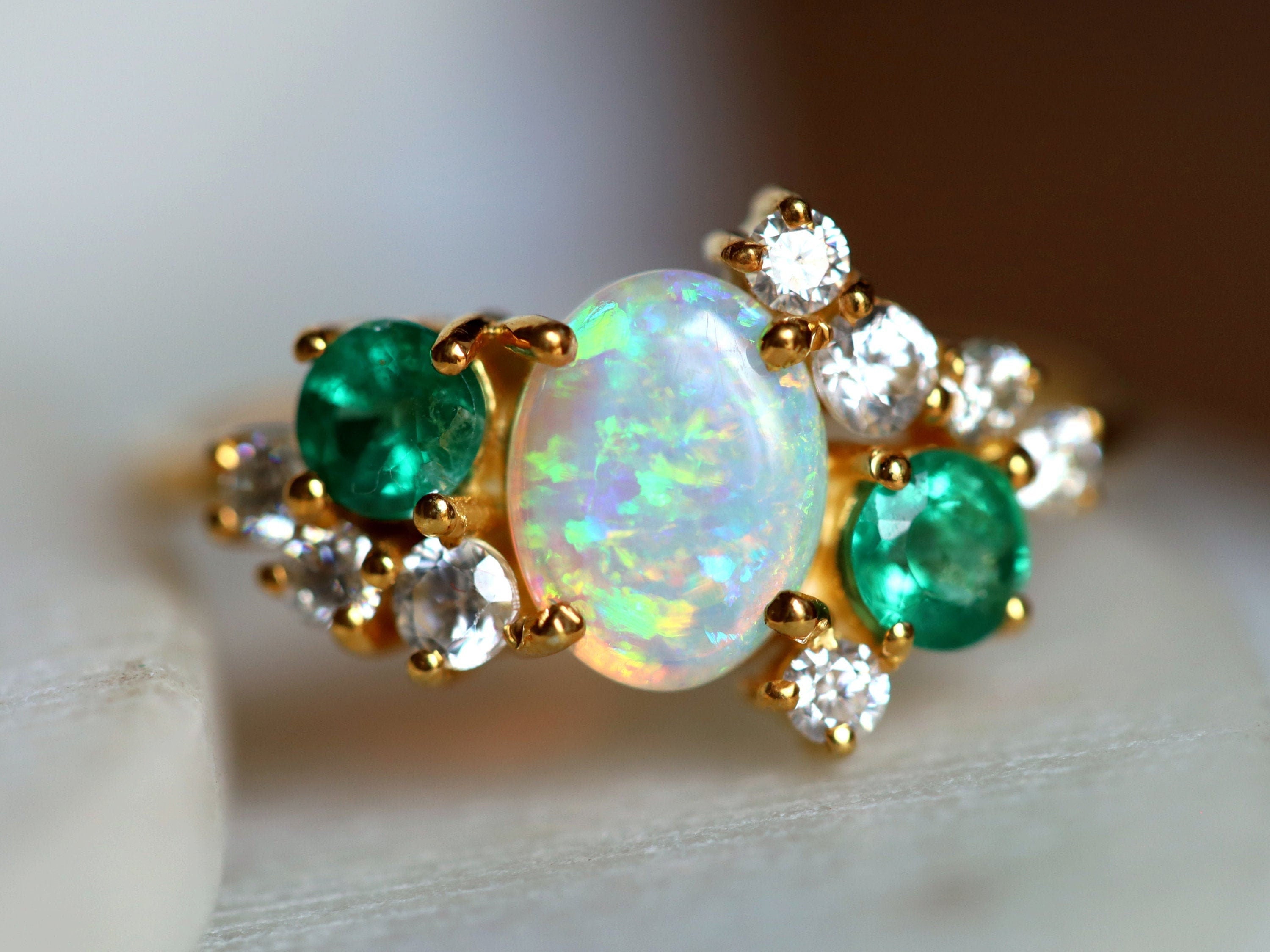 Australian Opal Engagement Ring | Opal & Emerald Cluster Ring | Fire Opal Diamond Ring -