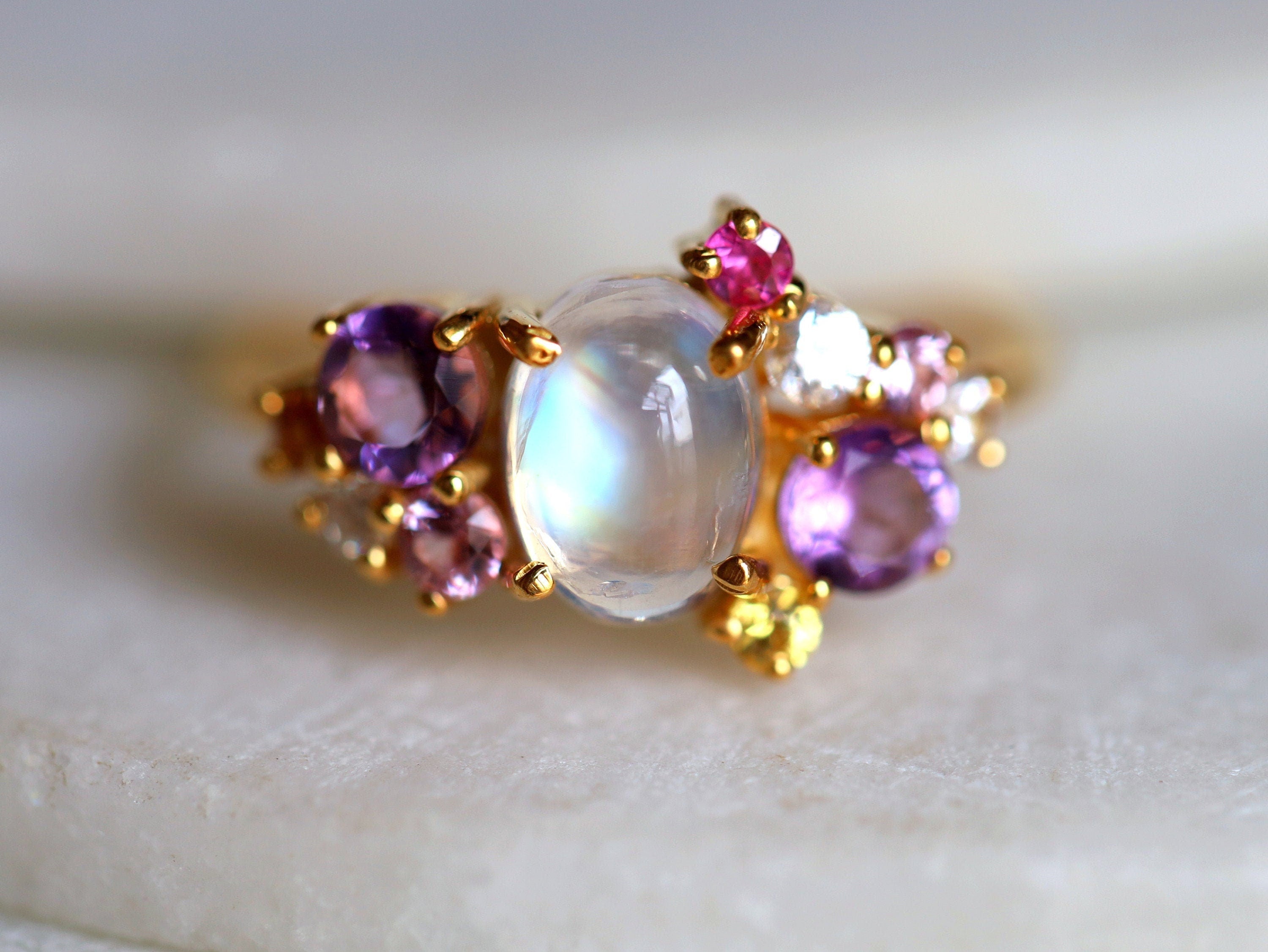 Moonstone Engagement Ring | Sapphire Cluster Ring | June Birthstone Jewelry -