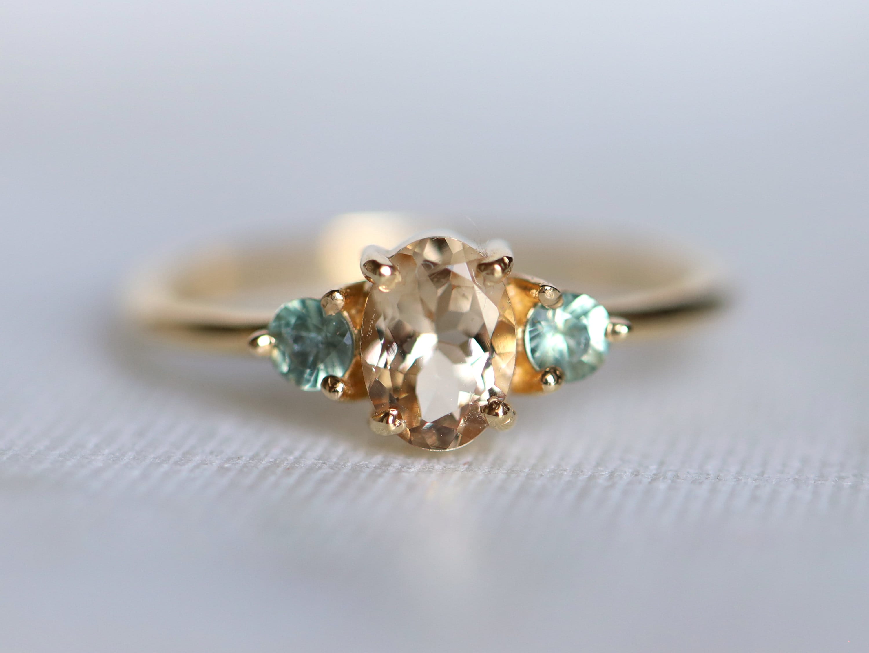 Vintage Morganite Engagement Ring | Oval Cut Morganite, Green Sapphire Accent, March Birthstone -