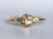 Vintage Morganite Engagement Ring | Oval Cut Morganite, Green Sapphire Accent, March Birthstone -