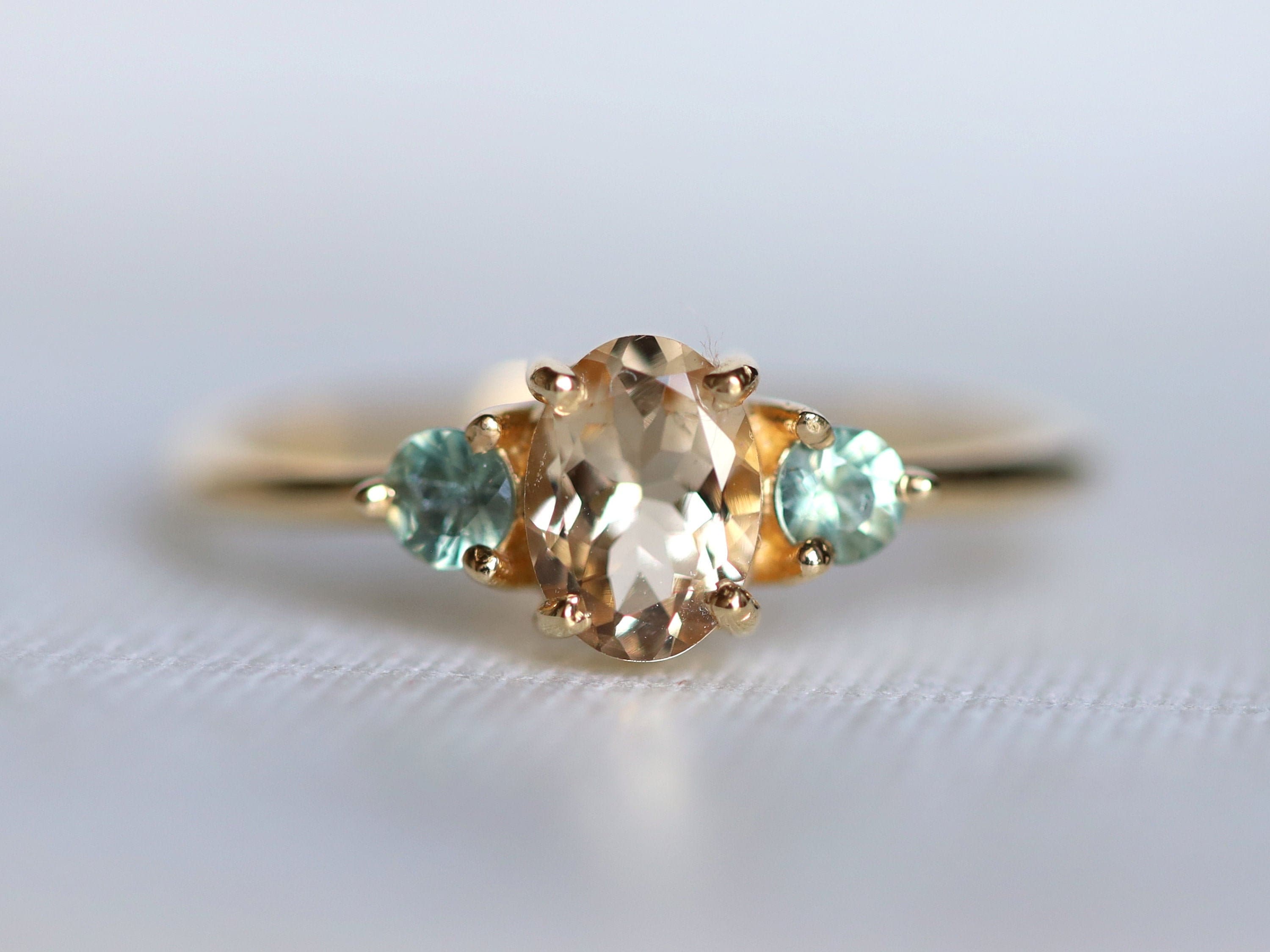 Vintage Morganite Engagement Ring | Oval Cut Morganite, Green Sapphire Accent, March Birthstone -