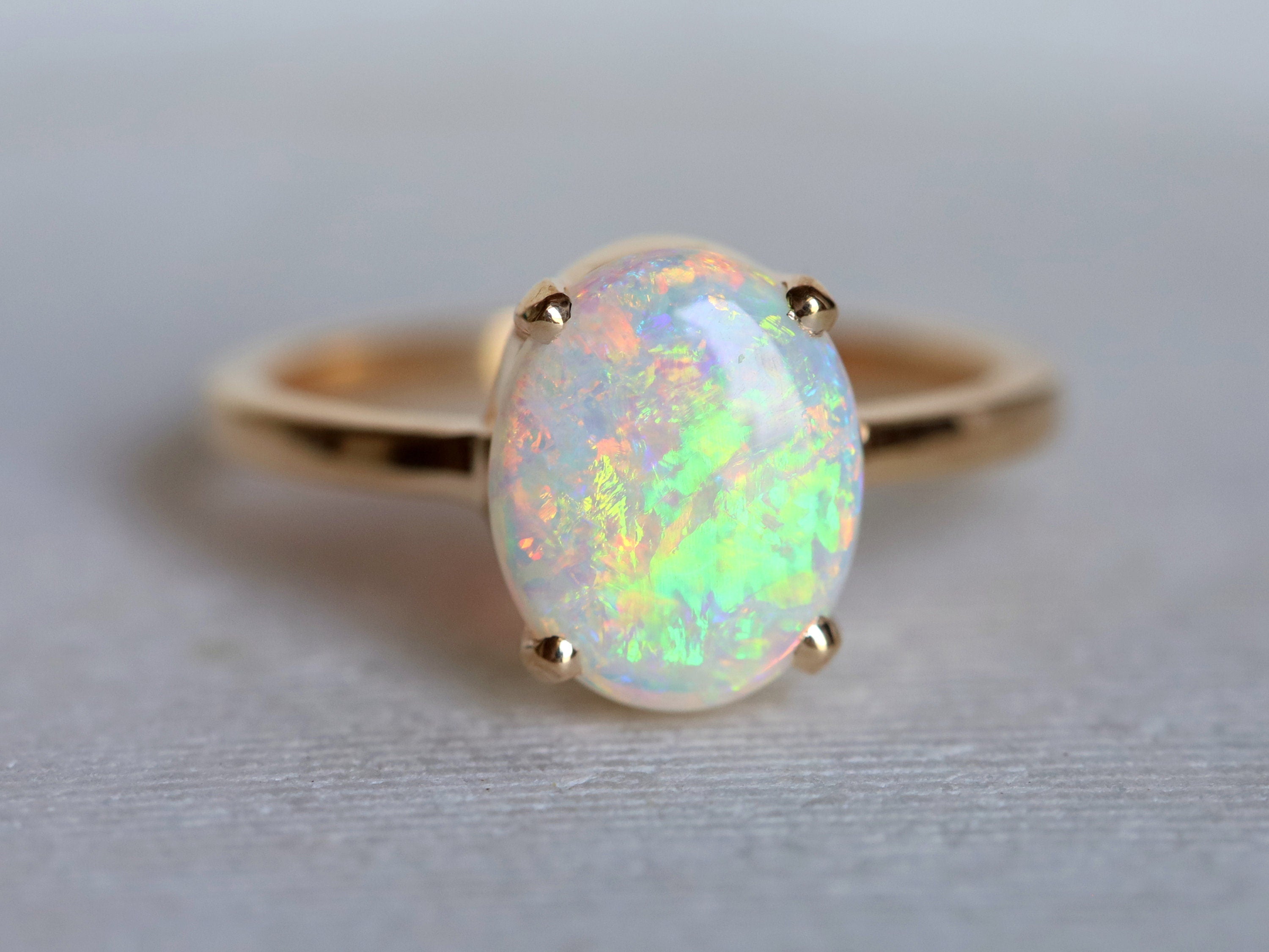 Solitaire Opal Engagement Ring | Opal and Diamond Ring | Australian Opal Oval Ring -